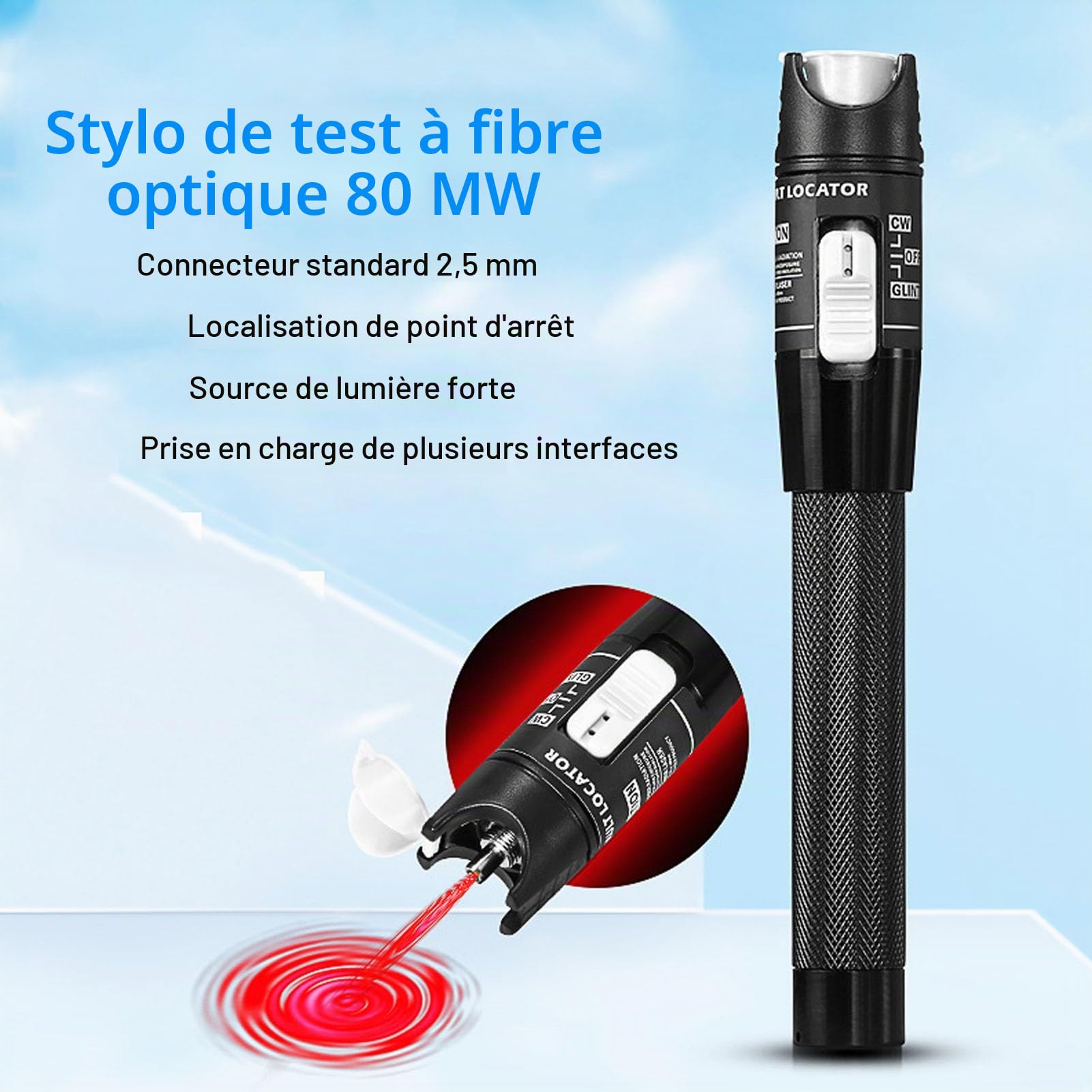 Kit de Localisation Visuelle des Défauts, Stylo de Test de Fibre Optique 80 Km avec Connecteur de Fibre Universel de 2,5 Mm, Testeur de Fibre Portable sans pour