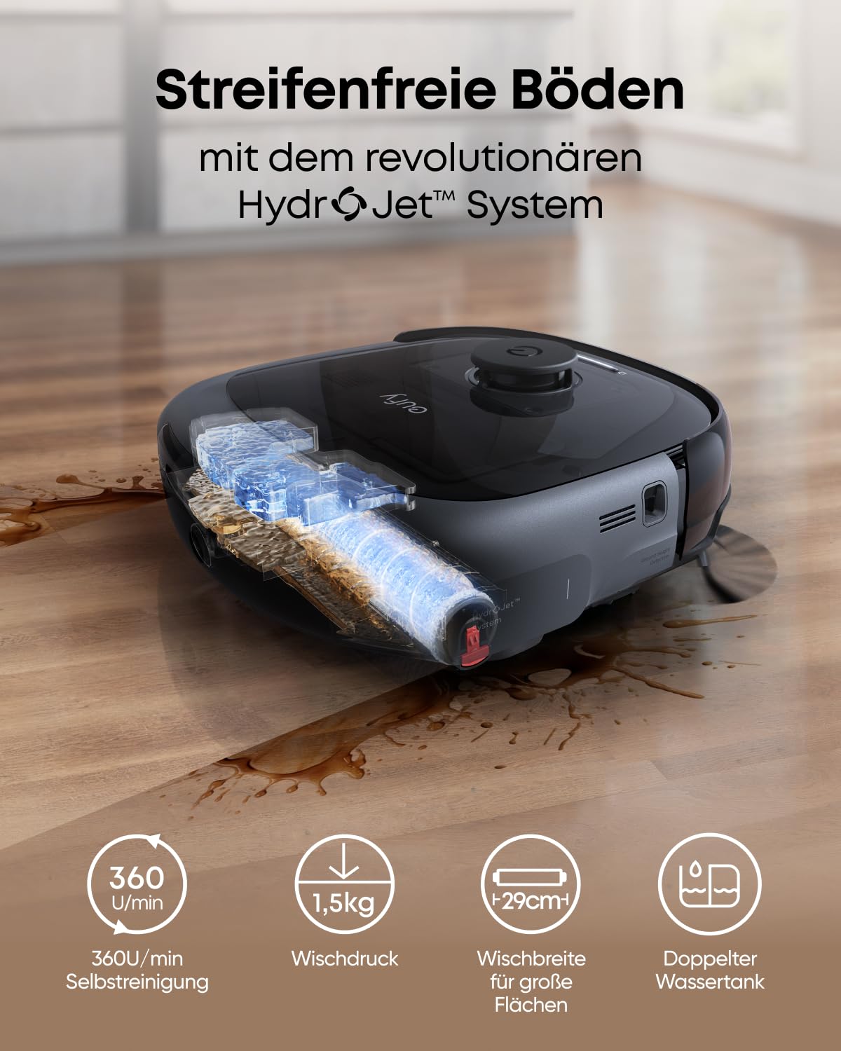 Robot sprzątający z mopem eufy E28(odnowiona) Omni, system HydroJet, z przenośnym urządzeniem do gruntownego czyszczenia dywanów, moc ssąca 20 000 Pa, zero splątań, gruntowne sprzątanie rogów