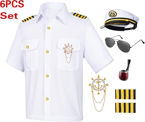 Miniatura 3 de Disfraz de capitán de marinero de yate para niños, camisa y sombrero, accesorios de 6 piezas para fiesta, cosplay, de 3 a 12 años