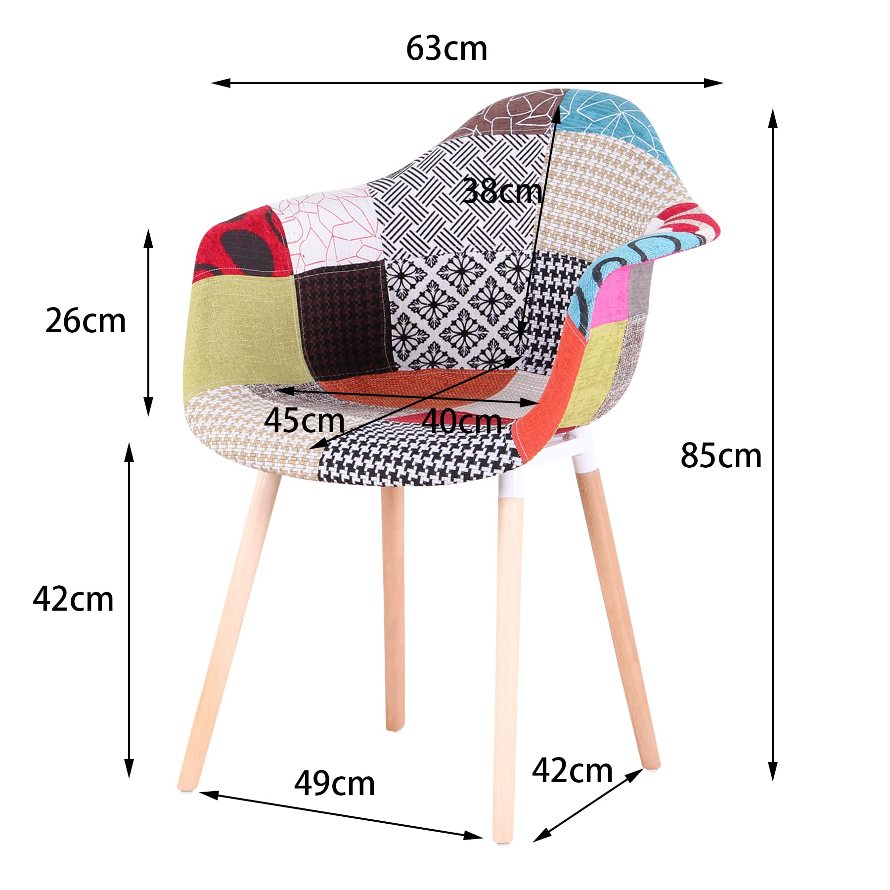 GrandCA HOME 4er-Set Sessel mit Patchwork-Stoffkissen Esszimmerstühle Holzbeine für Küche, Wohnzimmer,Rot A5