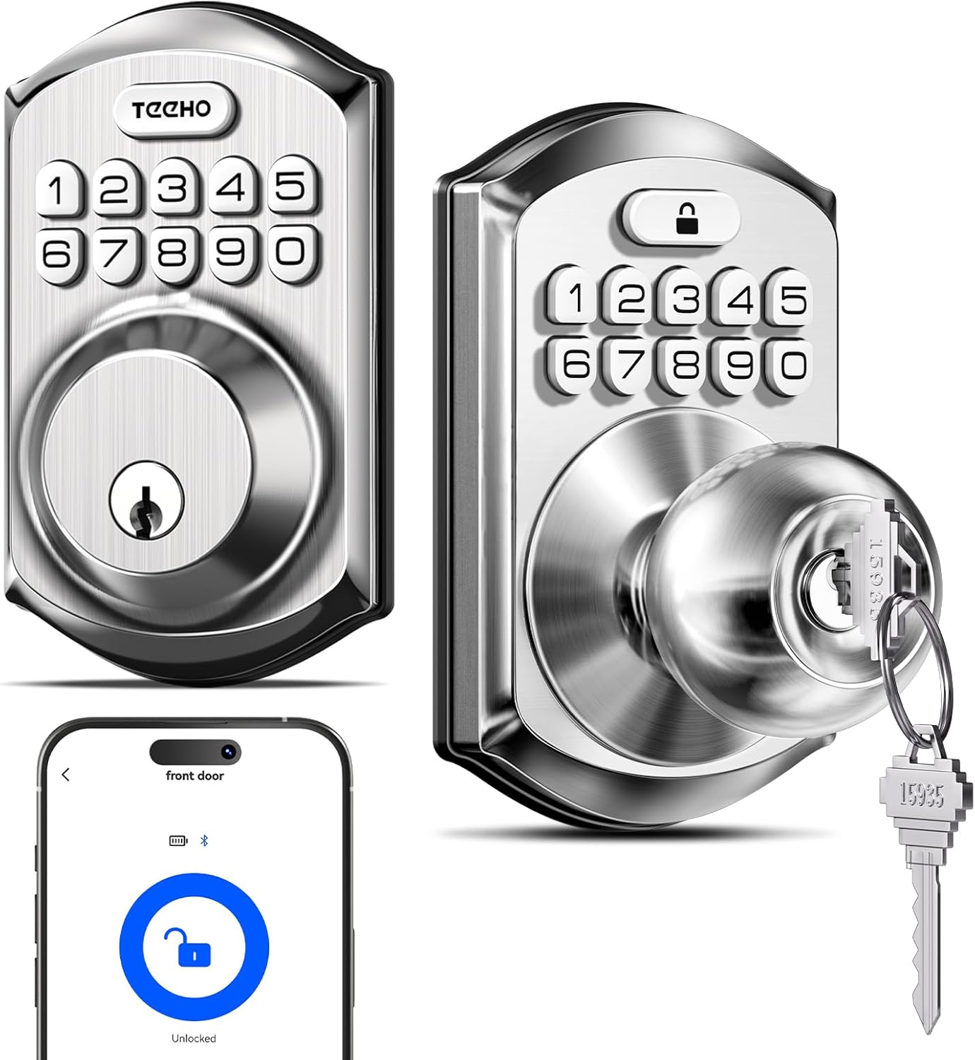 TEEHO Smart Keyless Door Knob + TEEHO Keyless Entry Door Lock with Keypad, Auto Lock, Easy Installation for Front Door, Bedroom, Rental, Satin Nickel