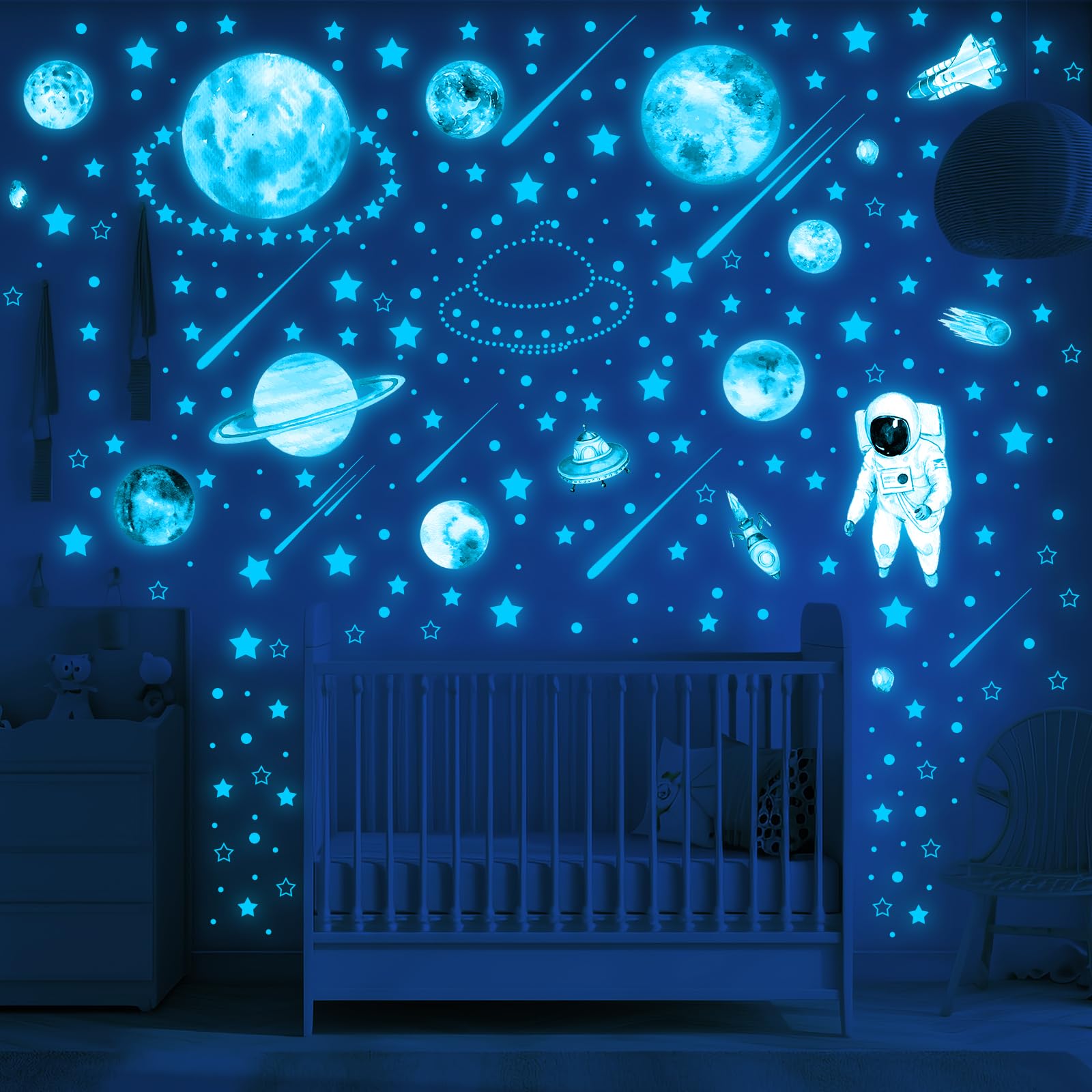 GeeRic Pegatinas Estrellas Fluorescentes 849 Piezas para Techo Impermeable Luna Astronauta Realista Decoración
