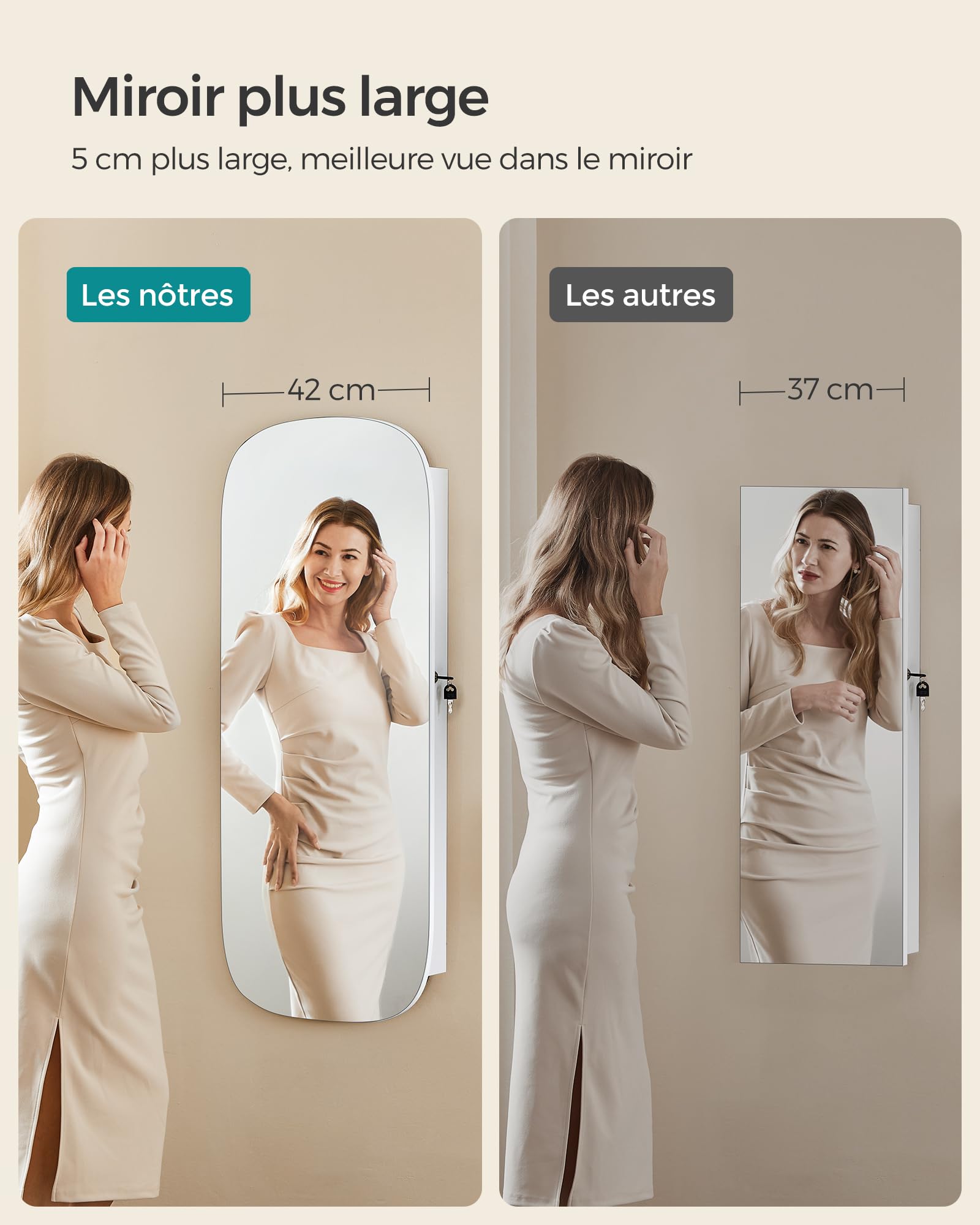 SONGMICS Armoire à Bijoux, Miroir Mural avec LED et Serrure, Miroir Psyché avec Plusieurs Compartiments, pour Boucles d’Oreilles, Colliers, Surface Blanche et Doublure Grise Beige JJC026W01