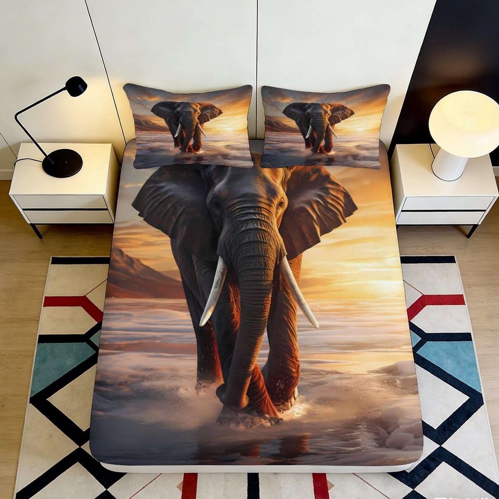 3D Printed Elephant Sunset Fitted Sheet Microfiber Soft Breathable African Wildlife Bed Cover for Bedroom Decor 90x200x25cm