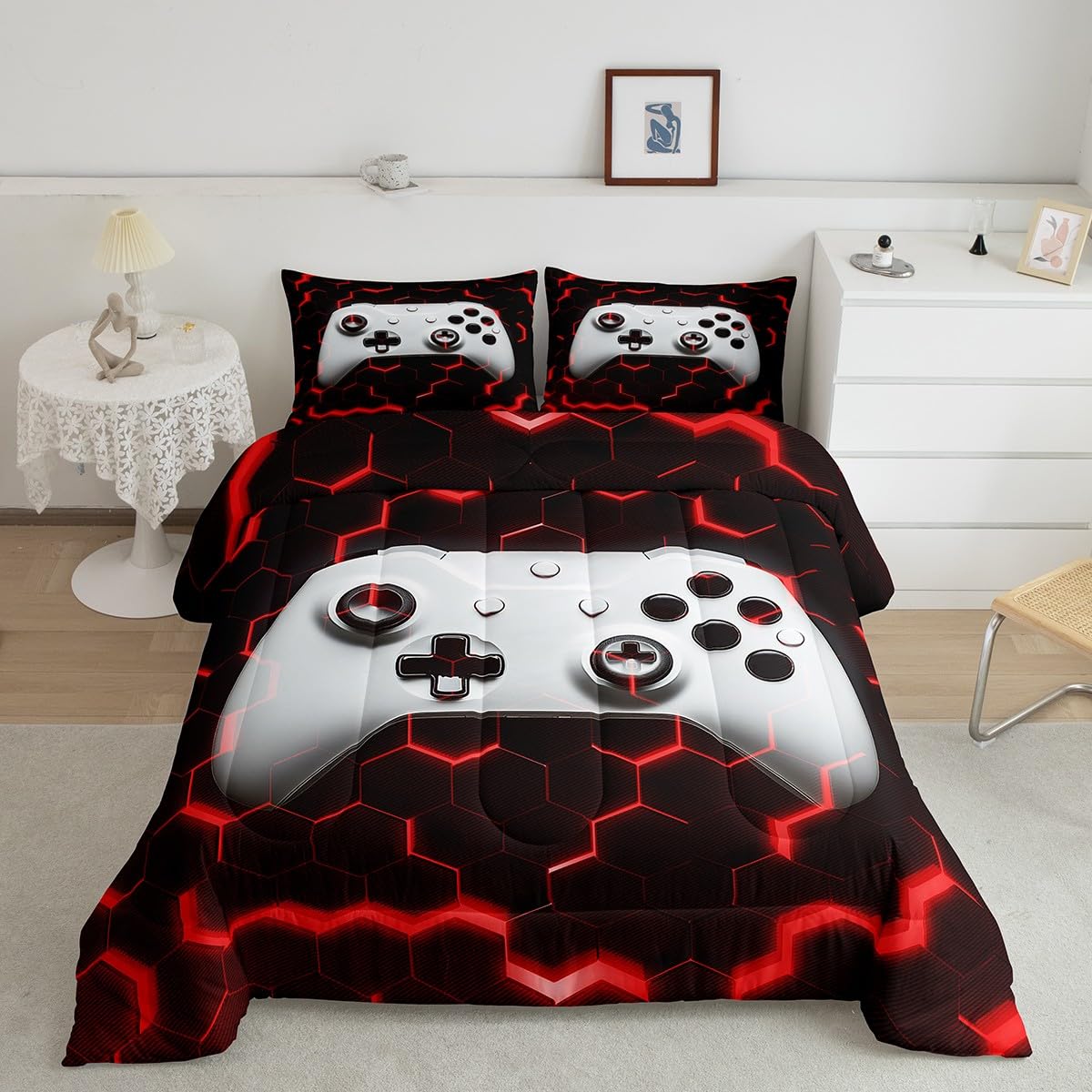 Juego de ropa de cama matrimonial blanco con diseño de consola de juegos de panal y purpurina