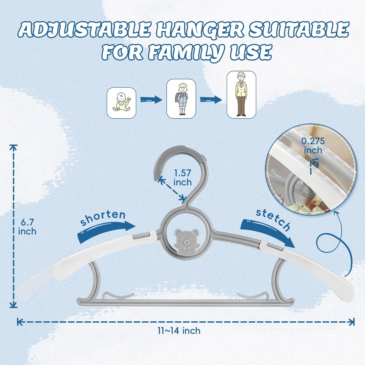 Baby Hangers for Closet Adjustable, Extendable & Stackable Kids Hangers, 11~14inch Non-Slip Plastic Kid Hangeres, Toddler Hangeres for Infant Baby Toddler Children Nursery Teen, Gray, 60PACK - Image 2
