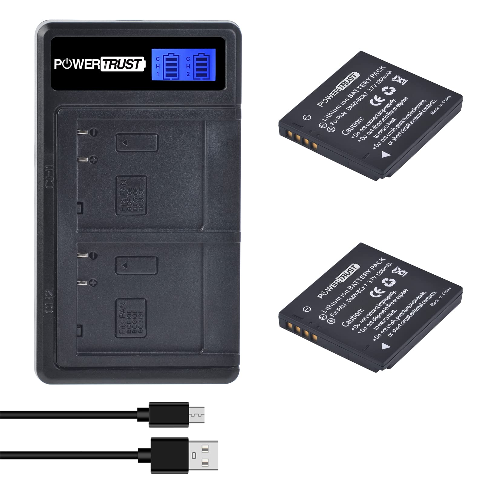PowerTrust 2Pack DMW-BCK7 Battery and Charger for Panasonic DMW-BCK7 DMW-BCK7PP DMW-BCK7E NCA-YN101G and Panasonic Lumix DMC-FP5 DMC-FP7 DMC-FH2