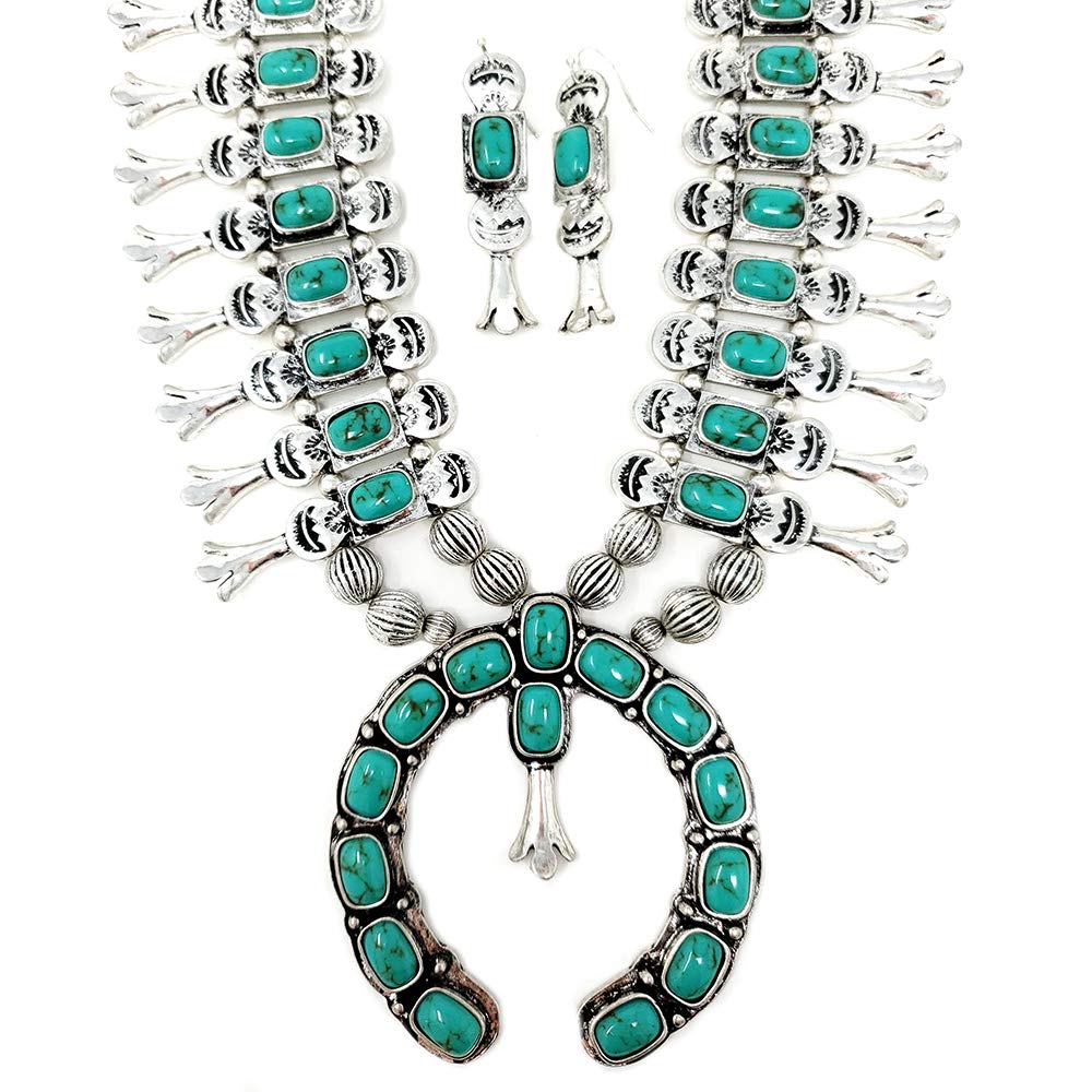Emulily Chunky Western Turquoise Squash Blossom Statement Necklace and Earrings Set Navajo