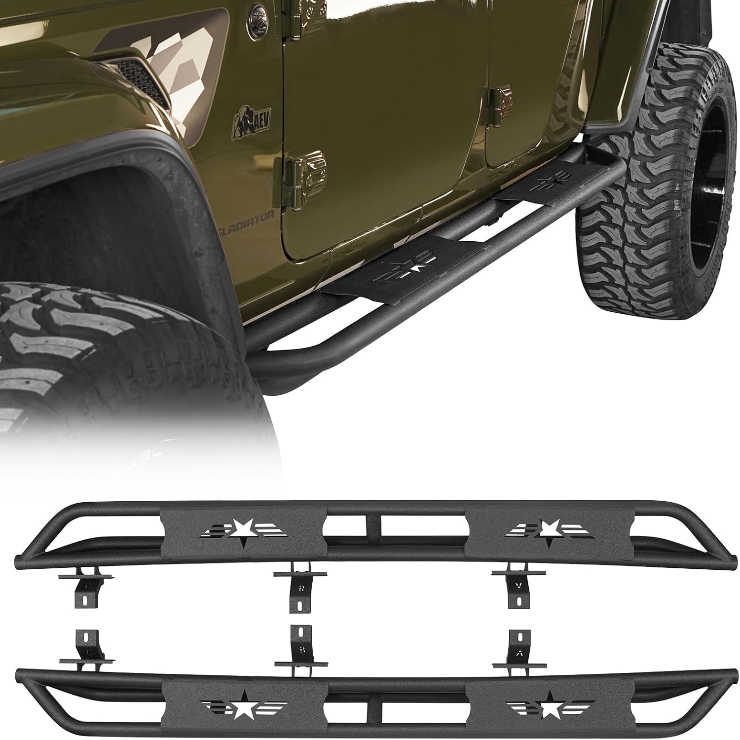 Hooke Road Gladiator Running Boards Side Steps for 2020-2026 Jeep Gladiator JT, Sturdy Nerf Bar Rock Slider Rails, Cab Length Curved Steel Tube Design