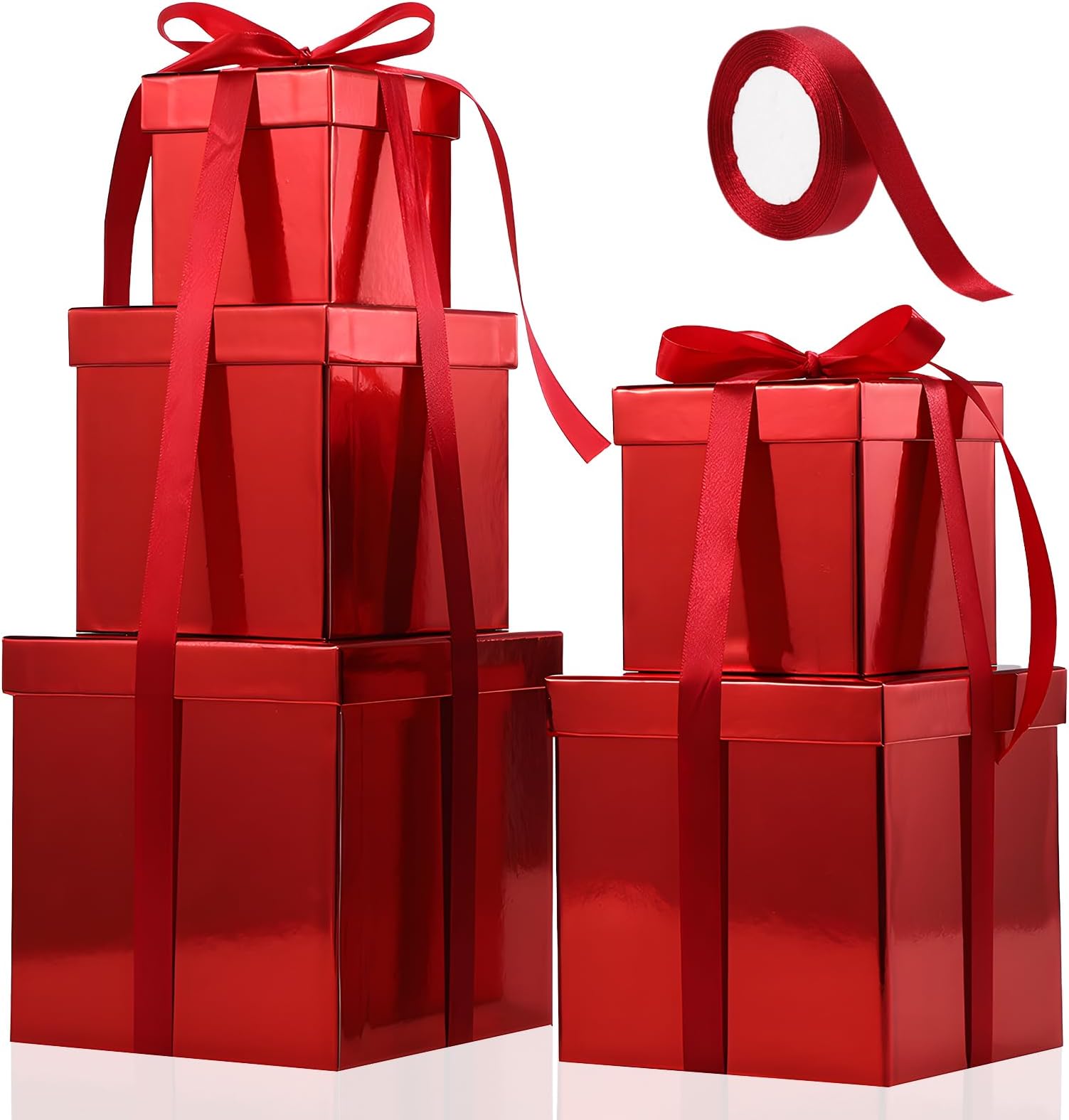 Cholemy 5 Pcs Square Nesting Boxes Decorative Gift Boxes with Lid and Ribbon Assorted Sizes Wrap for Wedding, Halloween, Thanksgiving, Christmas, Anniversary, Birthday, Bridal Party(Shiny Red)