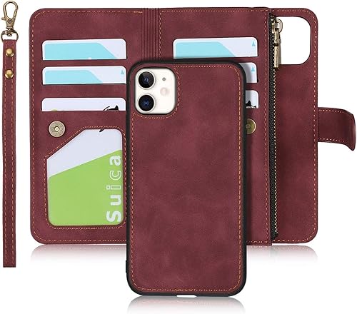 iCoverCase Funda tipo cartera compatible con iPhone 11 con tarjetero y correa para la muñeca, de piel sintética, ranuras para tarjetas, bolsillo con
