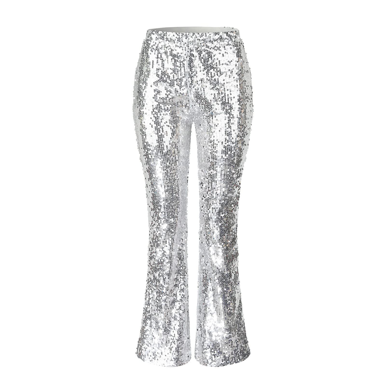 Damen Schlaghose mit Pailletten Damen Karneval Hosen Glänzend Wetlook Metallic Cargohose Leggings Silber Metallic Damen Glitzer Hose Silber Metallic Damen High Waist Schlaghose Party