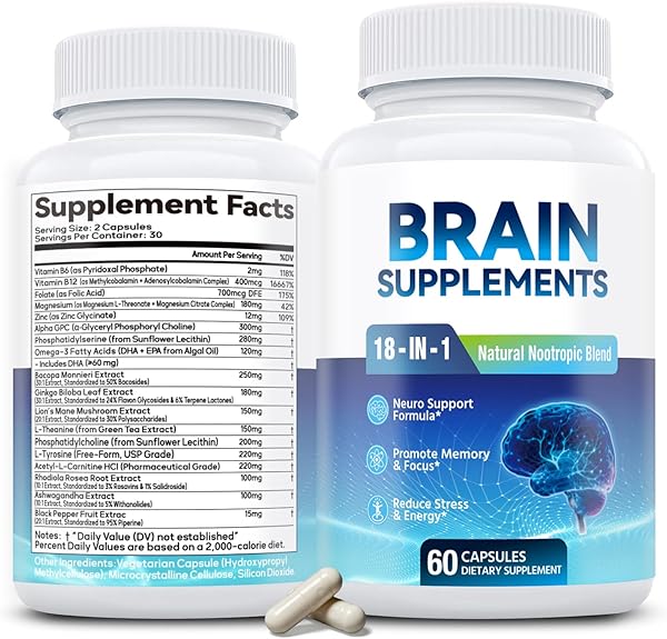 18-in-1 Brain Supplement for Memory and Focus – Nootropic Capsules with Alpha GPC, Bacopa, Ginkgo Biloba, Lion's Mane, Vitamin B6 & B12 | Cognitive Health, Mental Clarity | Vegan, Non-GMO