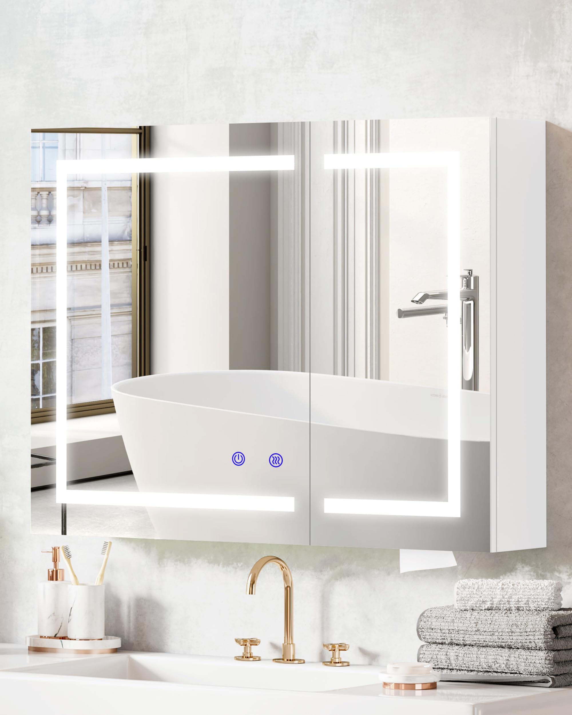 joolihome living LED Bathroom Mirror Cabinet, 3 Colour Light Makeup Mirror, 2 Door Wall Mounted Bathroom Mirror Cabinet with Lights and Shaver Socket, 60 x 80 cm