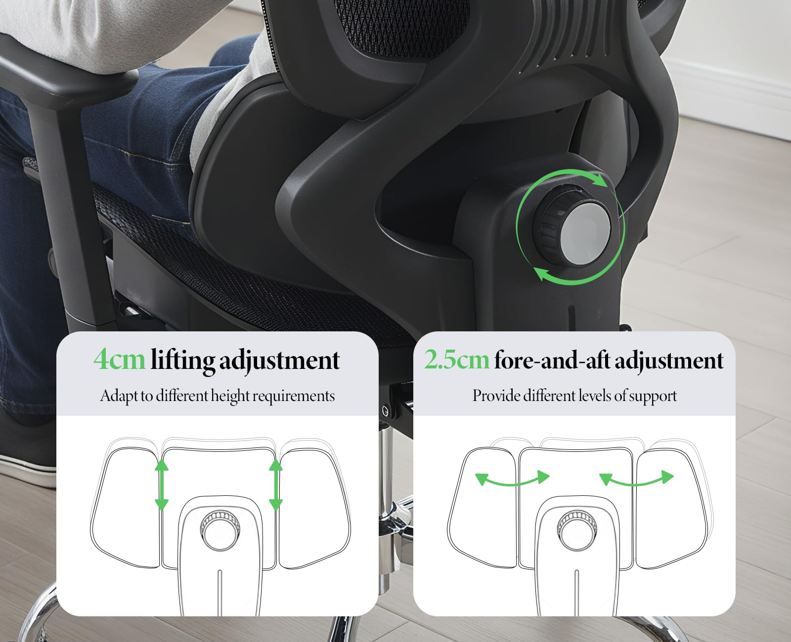 Bürostuhl ergonomisch, Schreibtischstuhl Atmungsaktiv, Schwarz | Drehstuhl Wippfunktion bis 135°, mit 3D verstellbare Armlehne, Fußstütze & Lendenwirbelstütze, Mesh-Stoff, für Home Office