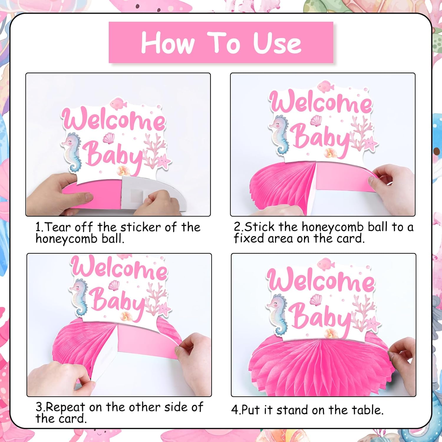 welcome baby sea you soon baby Honeycomb Centerpieces 8pcs, Pink Under the Sea Baby Shower Decorations Girl, Double-Sided Ocean Theme Honeycomb Table Decorations