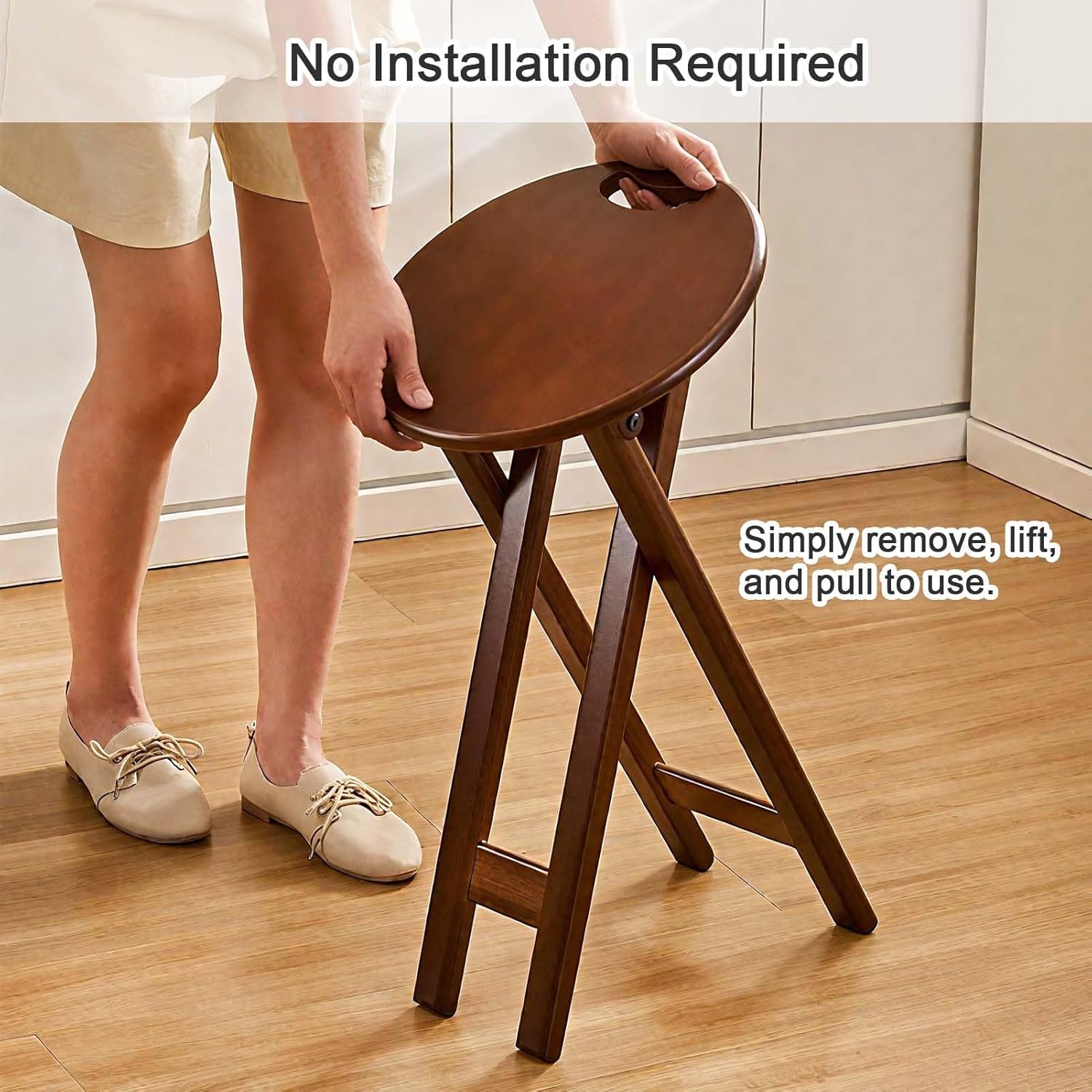 Backless Folding Bar Stool Bamboo,1 pcs Foldable Portable Counter Height Bar Stools Chair, High Collapsible Stool Seat for Adults, Kitchen Sitting Stool with Handle Lightweight