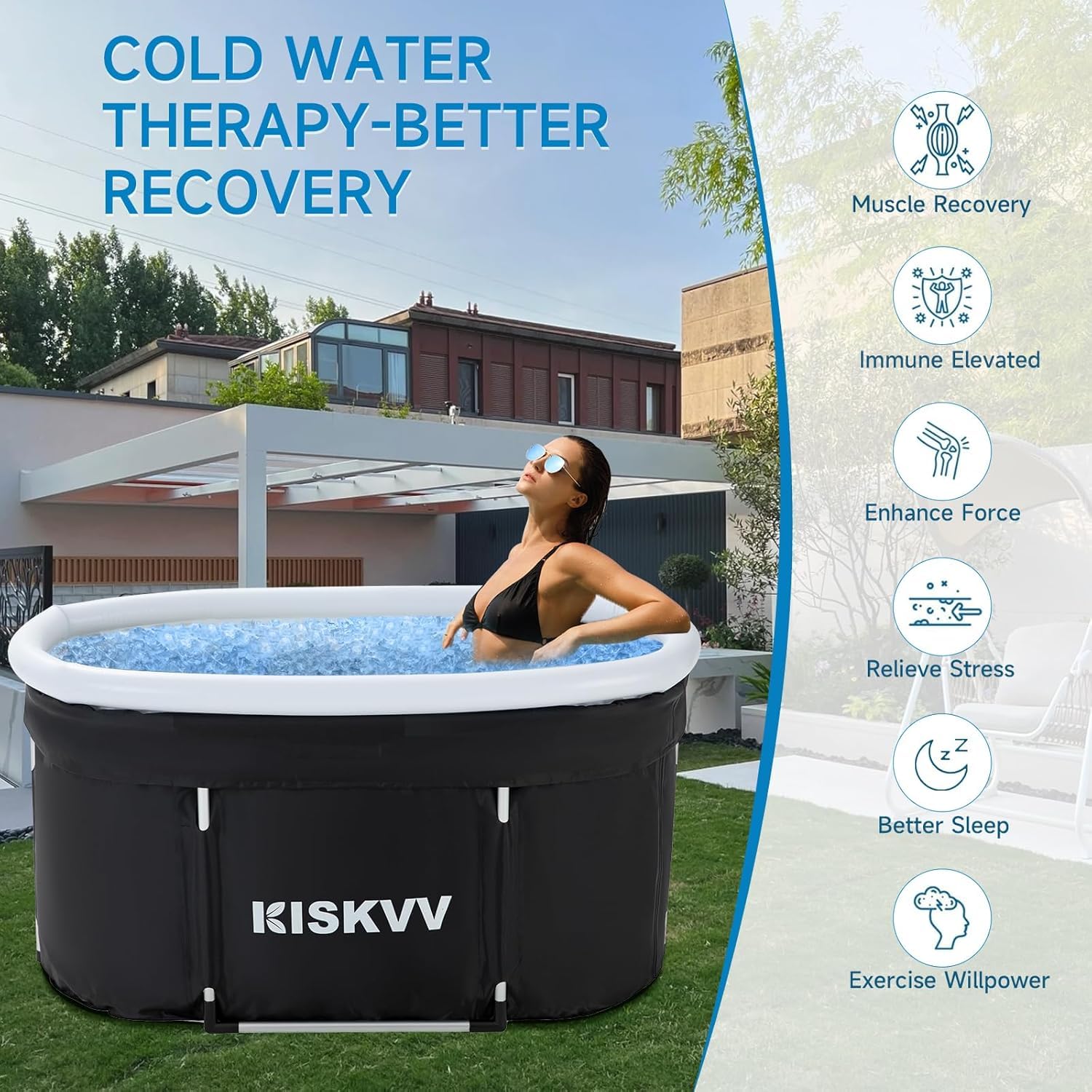 Vasca da Bagno Ovale, KISKVV 115x55x57cm Vasca da Bagno Pieghevole per Atleti, Vasca di Recupero Ghiaccio Isolata, Vasca Crioterapia Mobile con Coperchio per Esterni Giardino o Doccia Spa (Ice Tub)