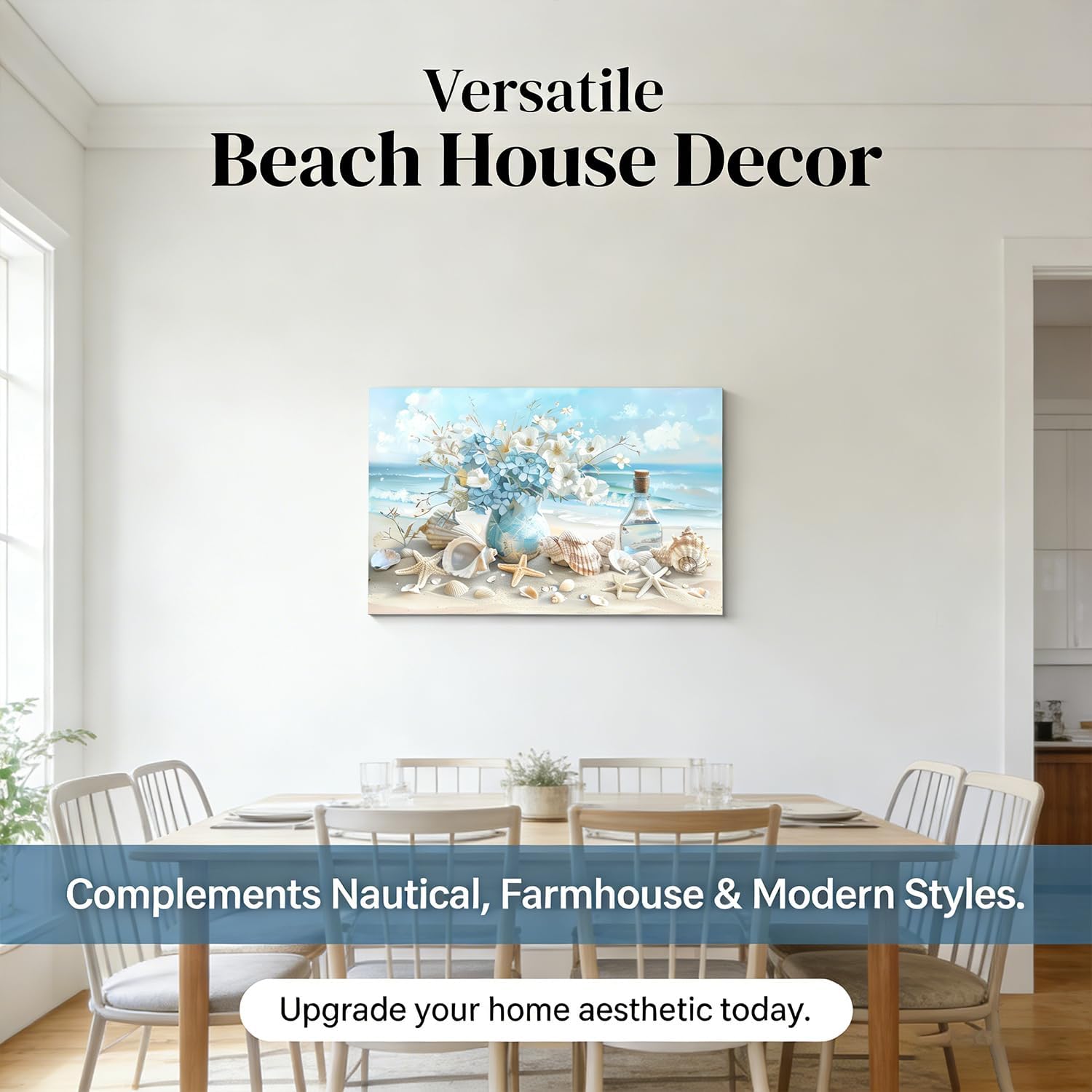 Blue Ocean Beach Bathroom Canvas Wall Art Seaside Seashell Painting Picture Wall Decor Starfish with White Flower Coastal Poster Print Artwork for Living Room Bedroom Bathroom 16x24 in Canvas