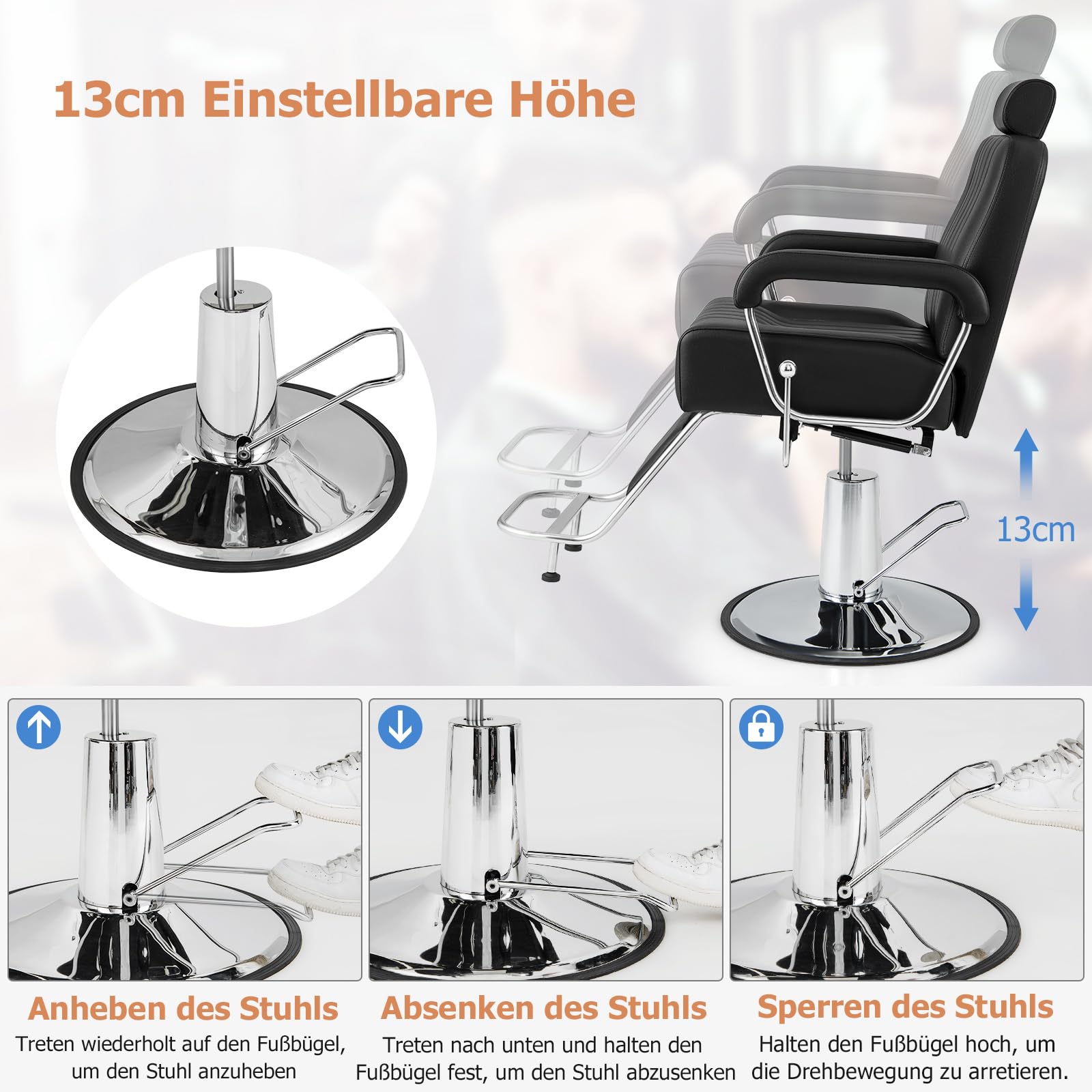 RELAX4LIFE Friseurstuhl mit Hydraulischer Pumpe, Salonstuhl Kippbar Höhenverstellbar 360° Drehbar, bis 150kg