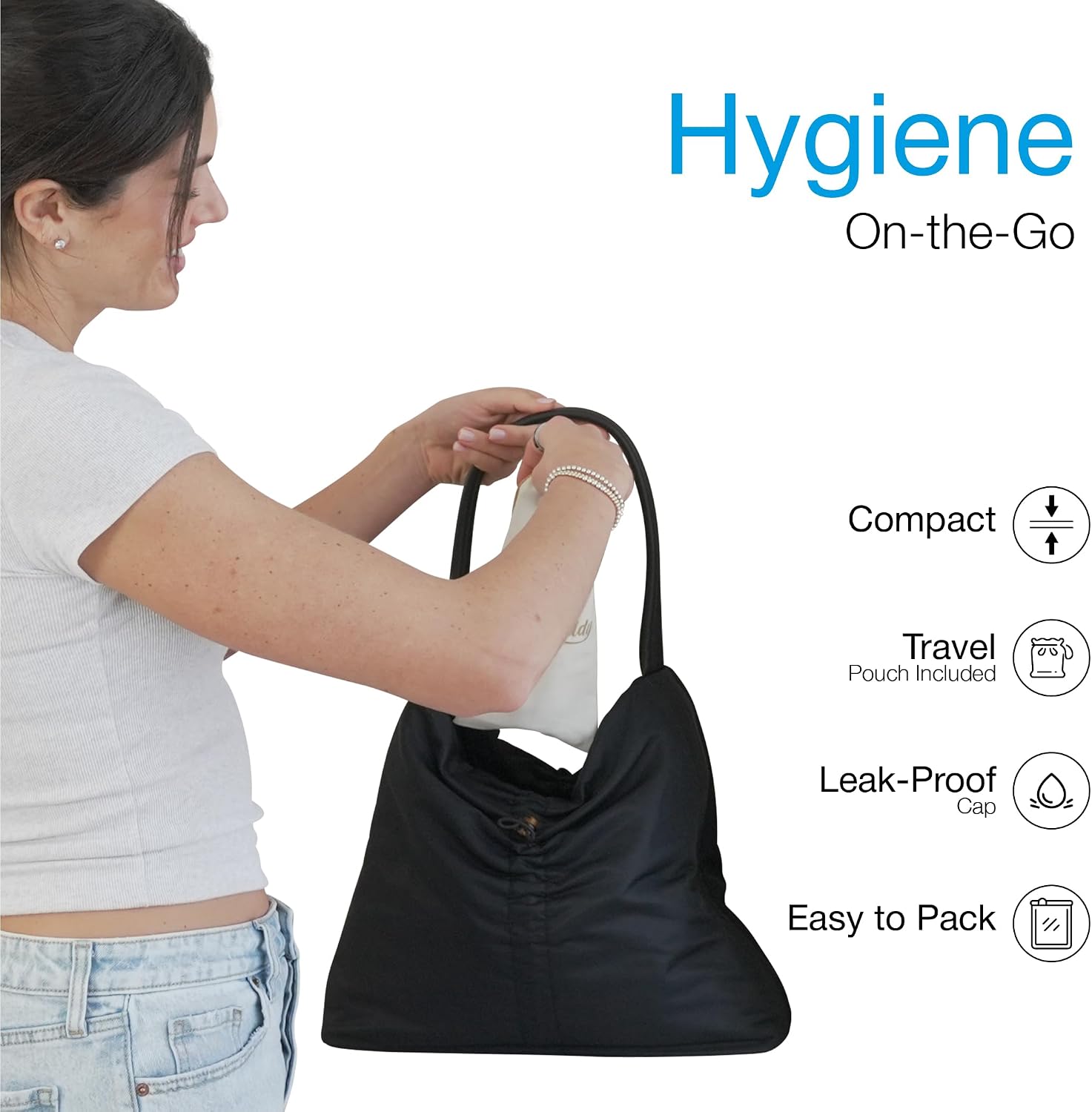 Woman putting Bidet Buddy PureJet into a travel bag