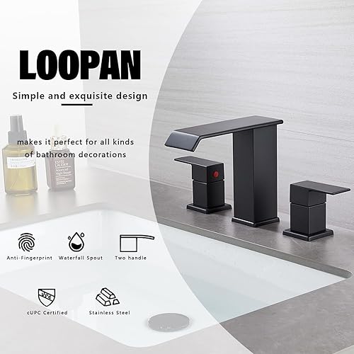 Miniatura 2 de LOOPAN Grifos de lavabo de baño para fregadero de 3 agujeros, 2 manijas generalizadas, acero inoxidable con drenaje desplegable y mangueras, grifo
