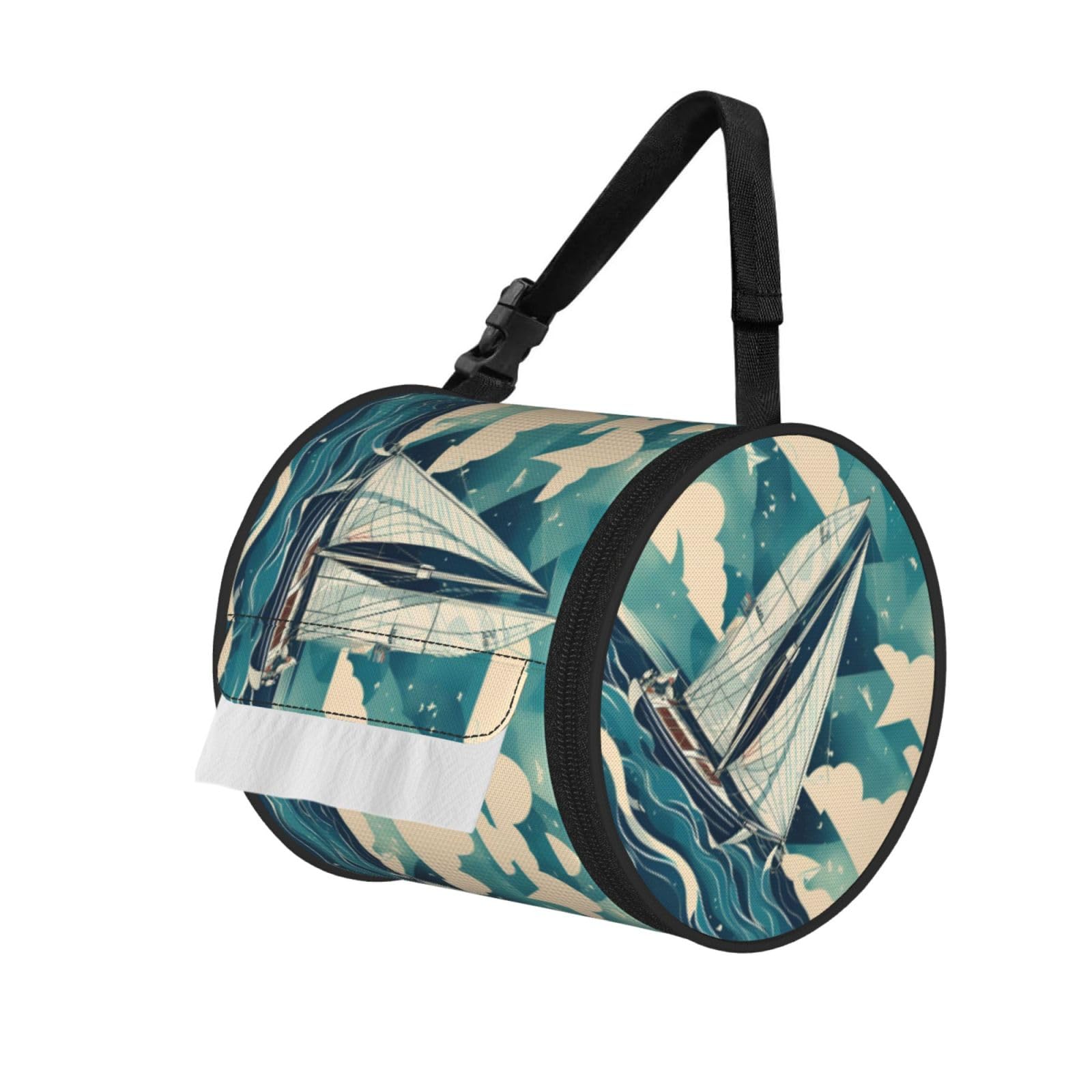 Ocean Sailboat Print Cylinder Tissue Organizer Bag With Strap, Portable Toilet Roll Holder For Camping Car