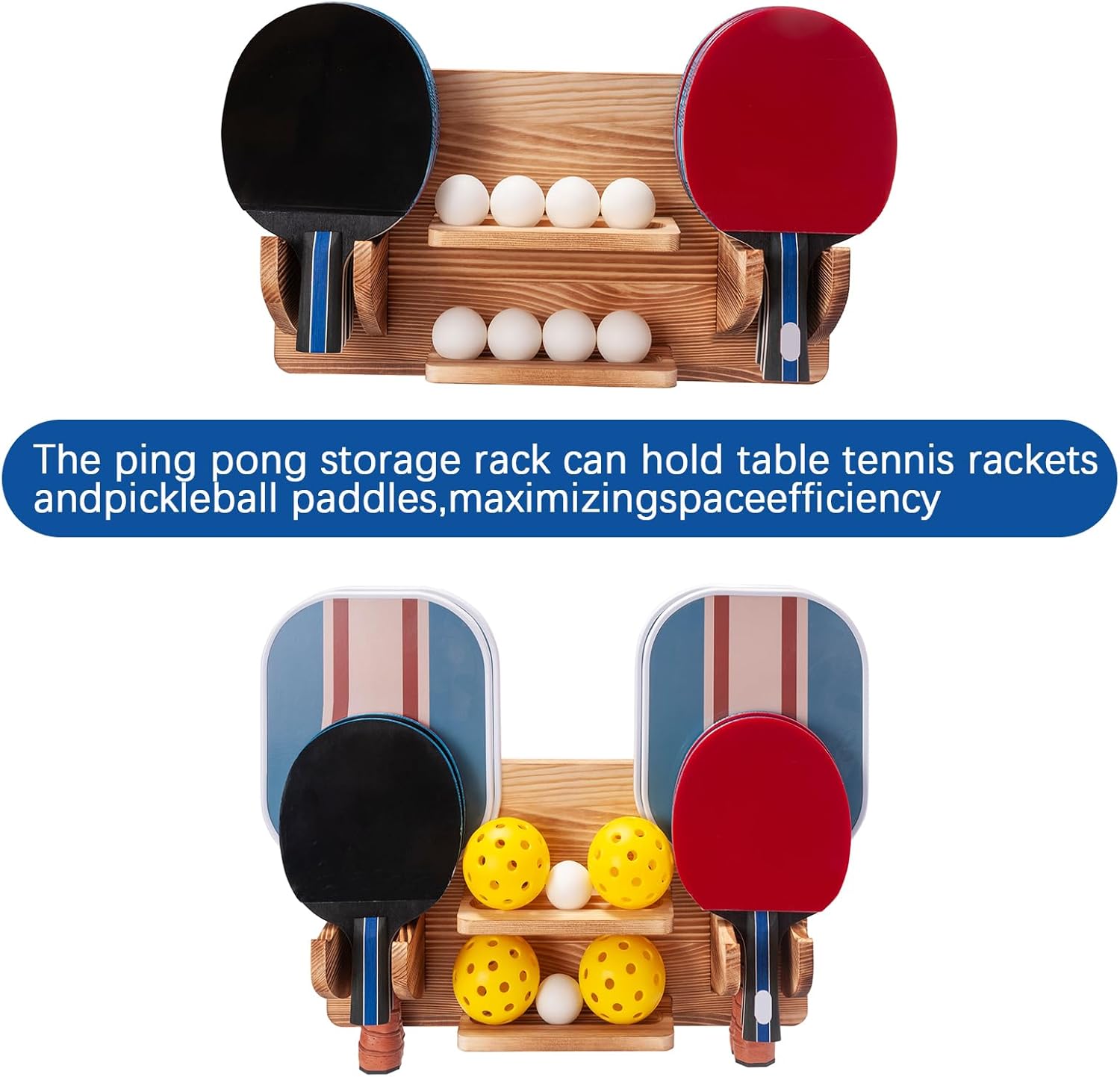 Ping Pong Paddle Storage Rack, Ping Pong Accessories Organizer Wall-Mount for 6 Paddles, 6 Pickleball Paddles and Balls, Pine Wood Table Tennis Racket Display for Game Room Bar Office Home