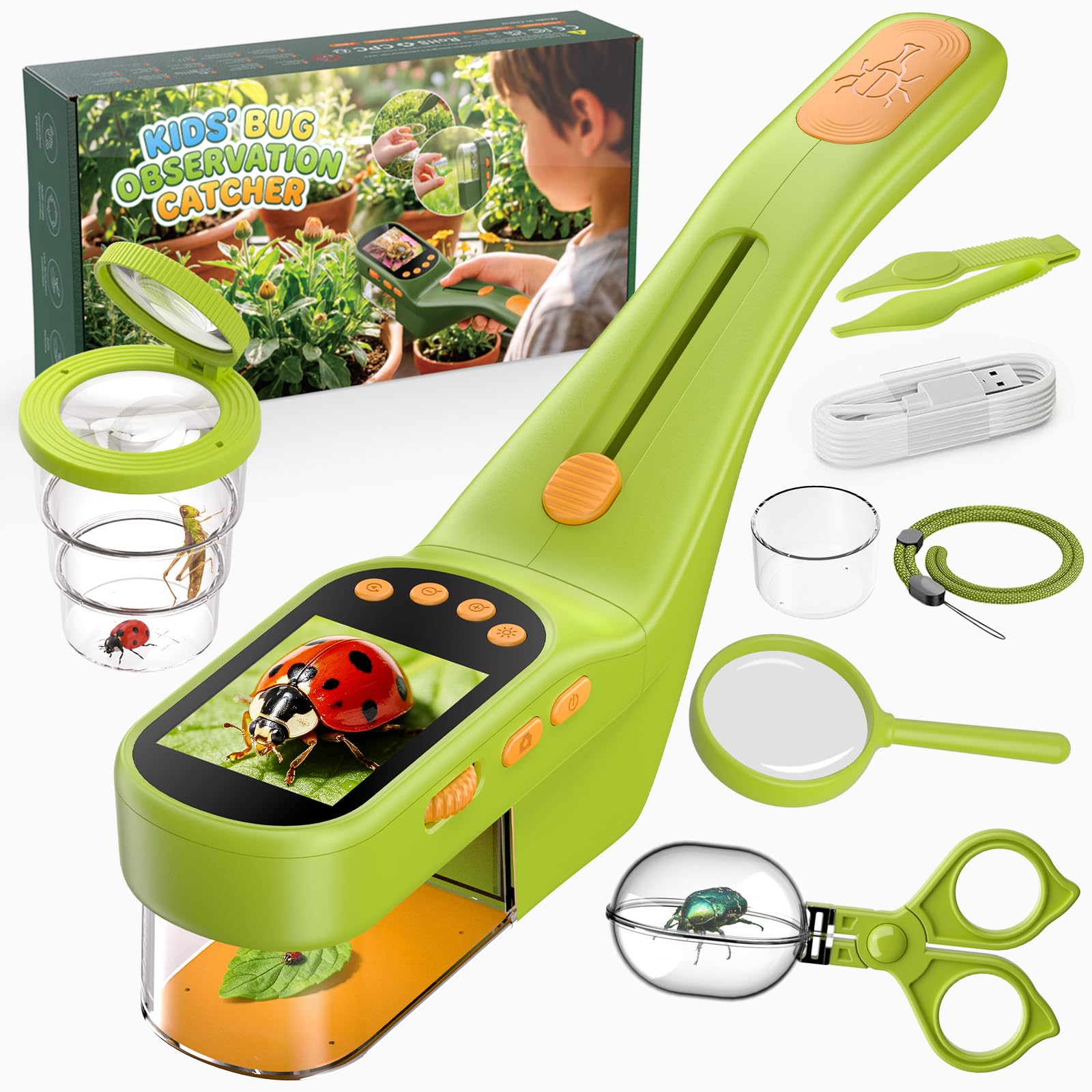 Handheld Microscope for Kids, Outdoor Explorer STEM Toy with Bonus Tools, 2.4" IPS Screen…