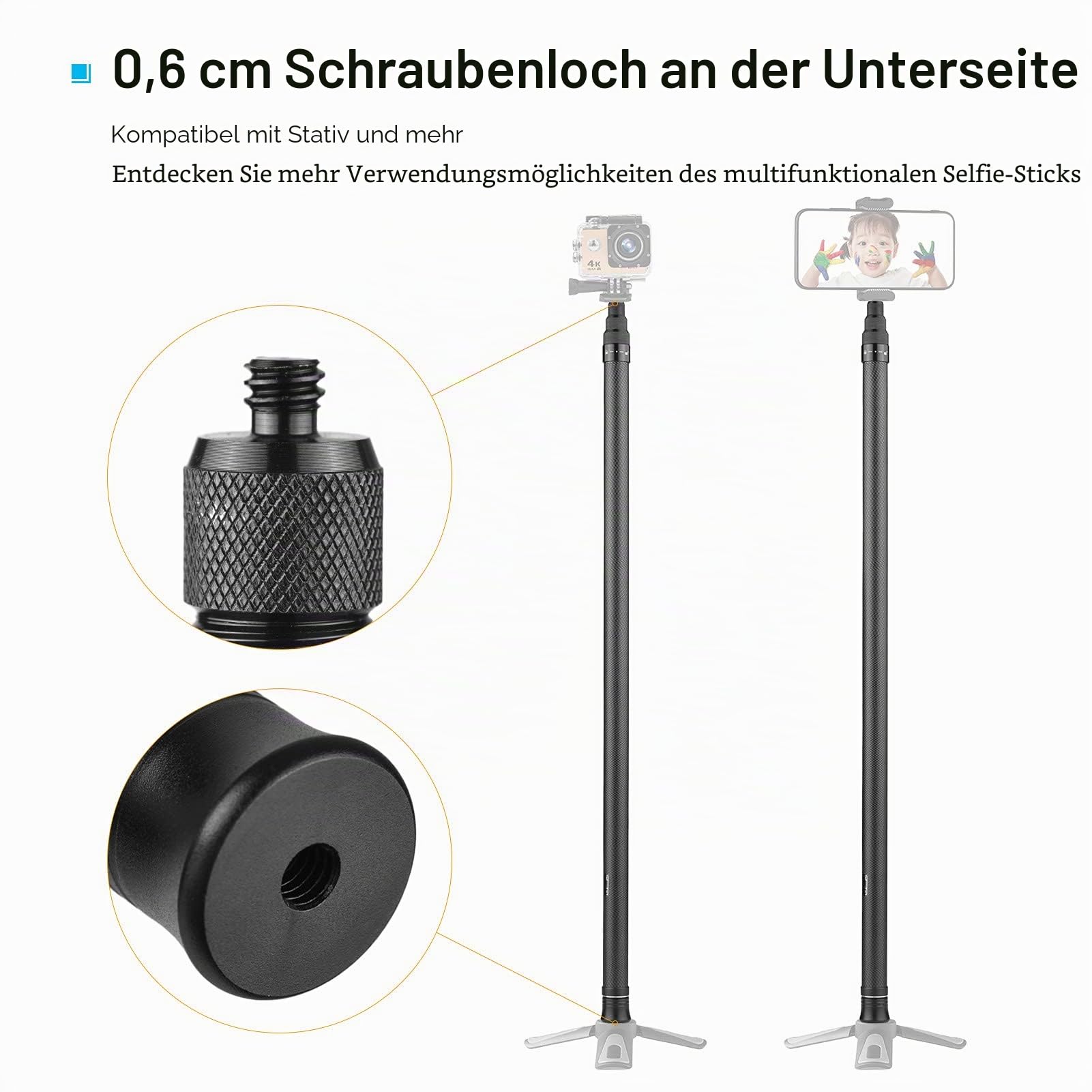 Andoer 3 m Lange verstellbare Kohlefaser-Verlängerungsstange mit 1/4-Zoll-Schraube für Insta360 One X/One X2/One R Panoramakamera