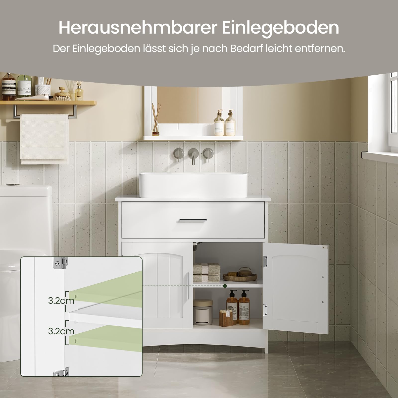 EUGAD Waschbeckenunterschrank, Badezimmerschrank mit Schubladen, 2 Fächer hinter Tür, verstellbare Ablage, Badezimmer Unterschrank, Waschtischunterschrank weiß, 60x60x30 cm
