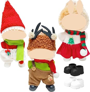 3 Sets Christmas Clothes for 17cm Dolls, Cute Christmas Overalls Set Outfits with Hat Shoes Reindeer Costume for Doll Dressing up Accessories, Gift IdeaNo Doll