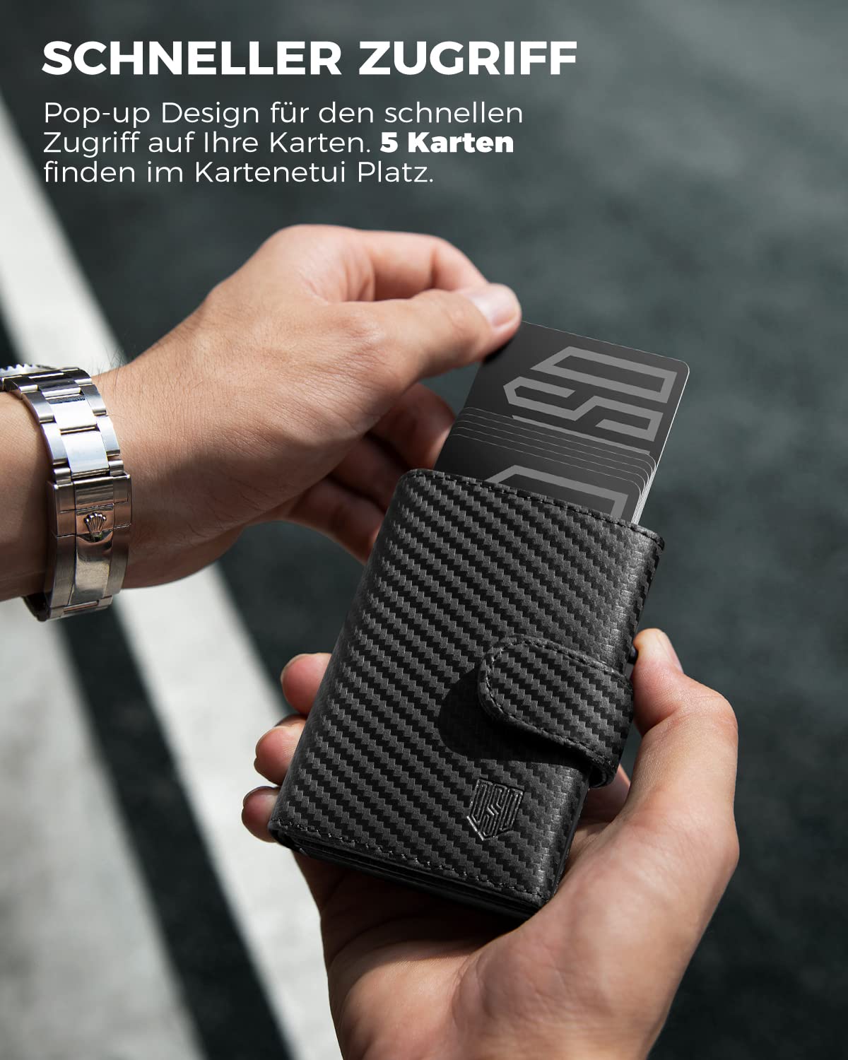 DODENSHA Kreditkartenetui geldbörse Herren RFID-Kreditkartenetui mit Münzfach, automatisches Pop-up-Kartenetui aus Aluminium für 8-10 Karten, Ausweisfenster | Carbon