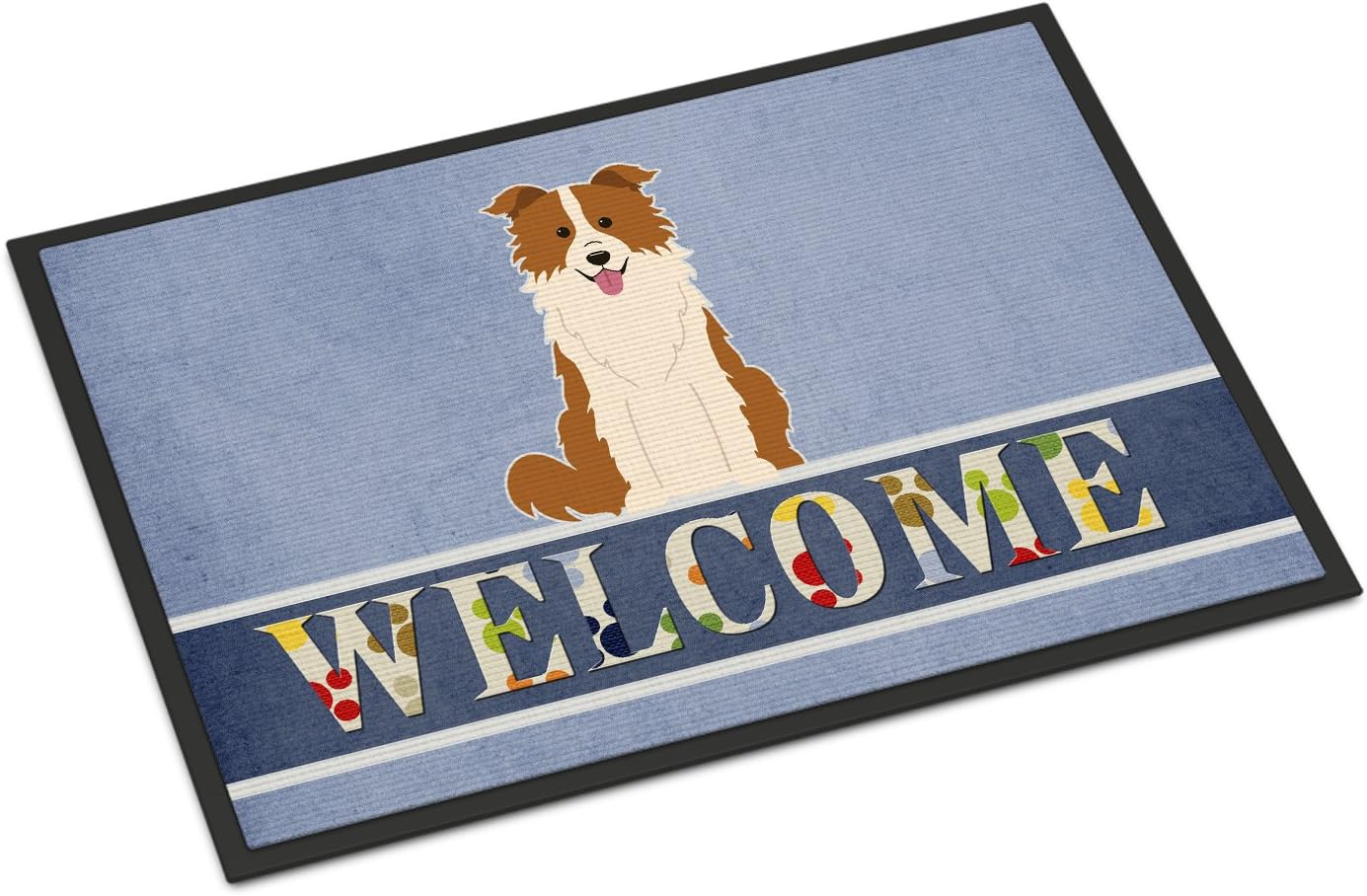 Caroline's Treasures BB5700MAT Border Collie Red White Welcome Doormat 18x27 Front Door Mat Indoor Outdoor Rugs for Entryway, Non Slip Washable Low Pile, 18H X 27W