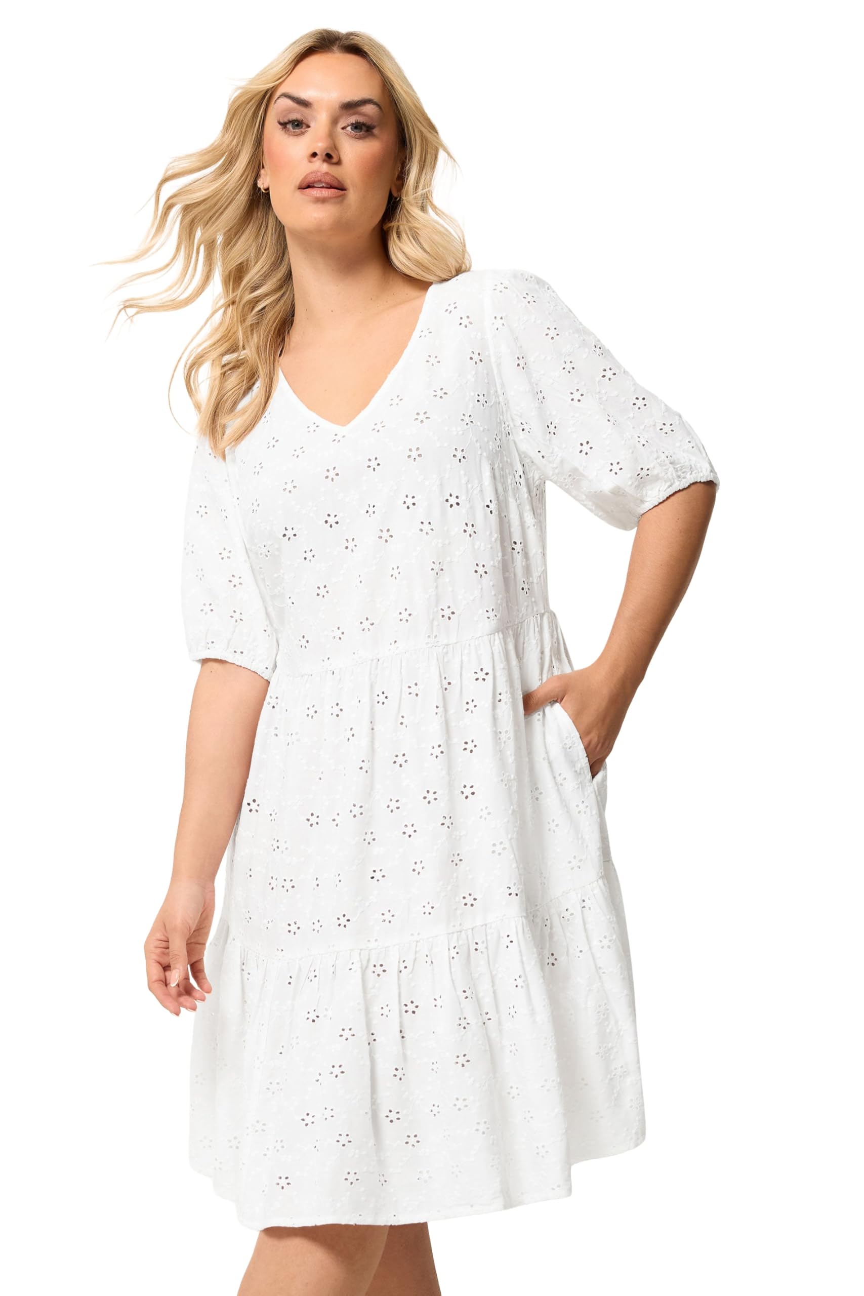 Yours Women's White Broderie Anglaise Tiered Dress In | Size: 20