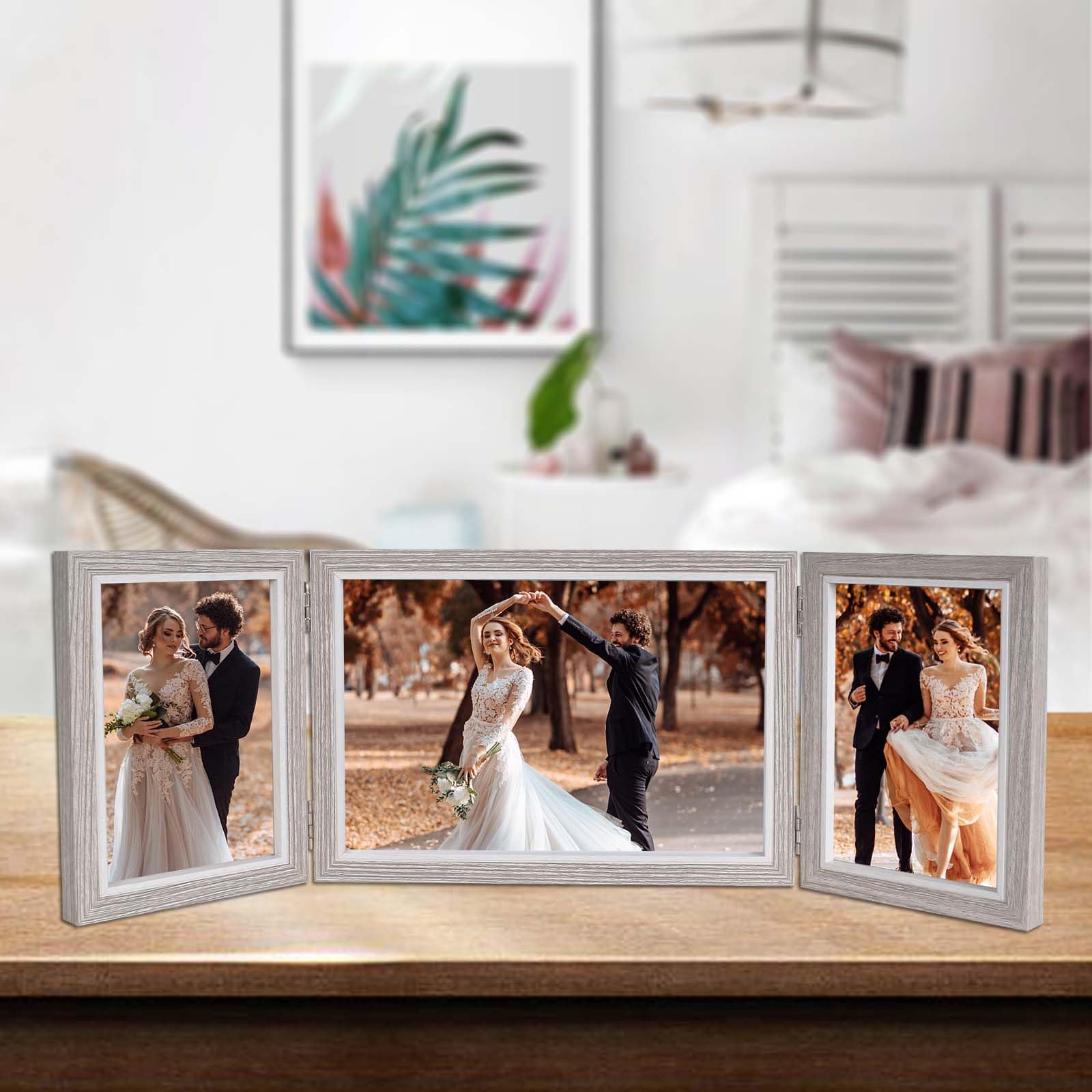 SIMDAO Cornice portafoto Collage per 3 foto, 10 x 15 cm, in legno con plexiglas, multi-cornice per matrimonio, famiglia, bambino, marrone chiaro, 6 x 4 pollici