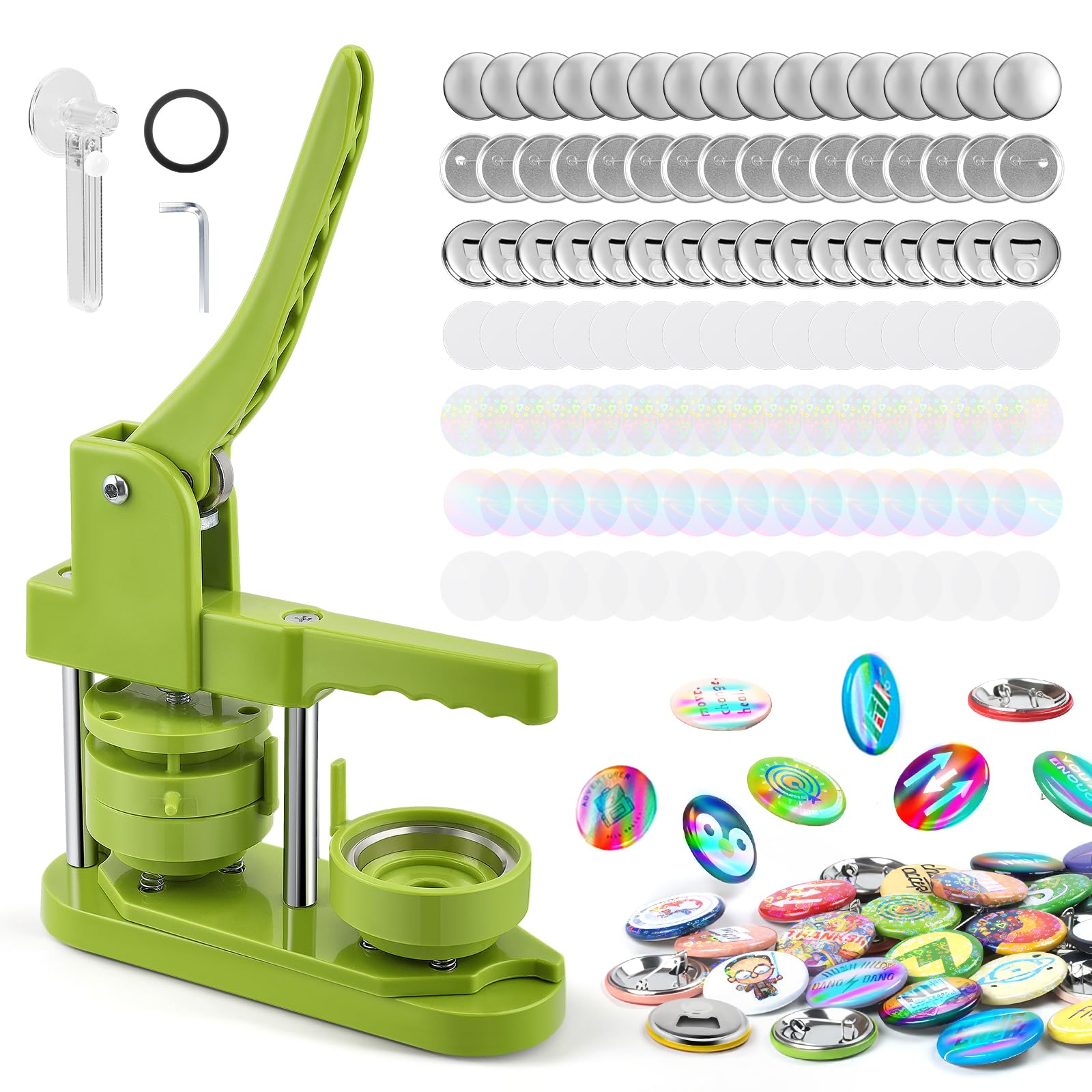 Buttonmaschine Knopfmacher 58mm DIY Buttonpressen-Set ohne Installationsaufwand mit 50 Sets Flaschenöffner-Kühlschrankmagneten und 50 Anstecknadel-Herstellungsset, Regenbogenfolie & Rundschneider