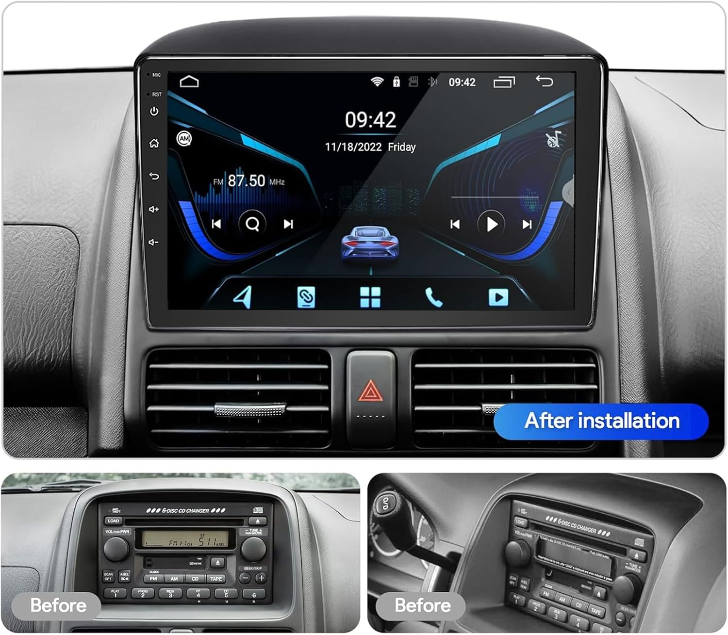 BINIZE Android 13 Car Stereo Radio Compatible with Honda CRV 2002 2003 2004 2005 2006 with Wireless CarPlay Android Auto,Touch Screen Bluetooth Car Radio with GPS WiFi HiFi FM/RDS Backup Camera