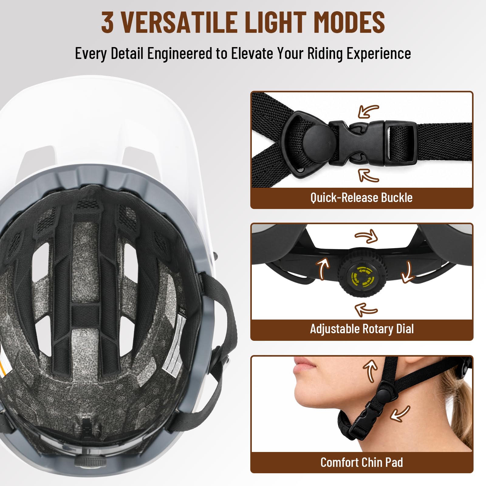 Favoto Casco da bici per adulti per ciclismo su strada e montagna, con luce posteriore a LED ricaricabile USB, occhiali magnetici e visiera parasole rimovibile, casco per uomini e donne