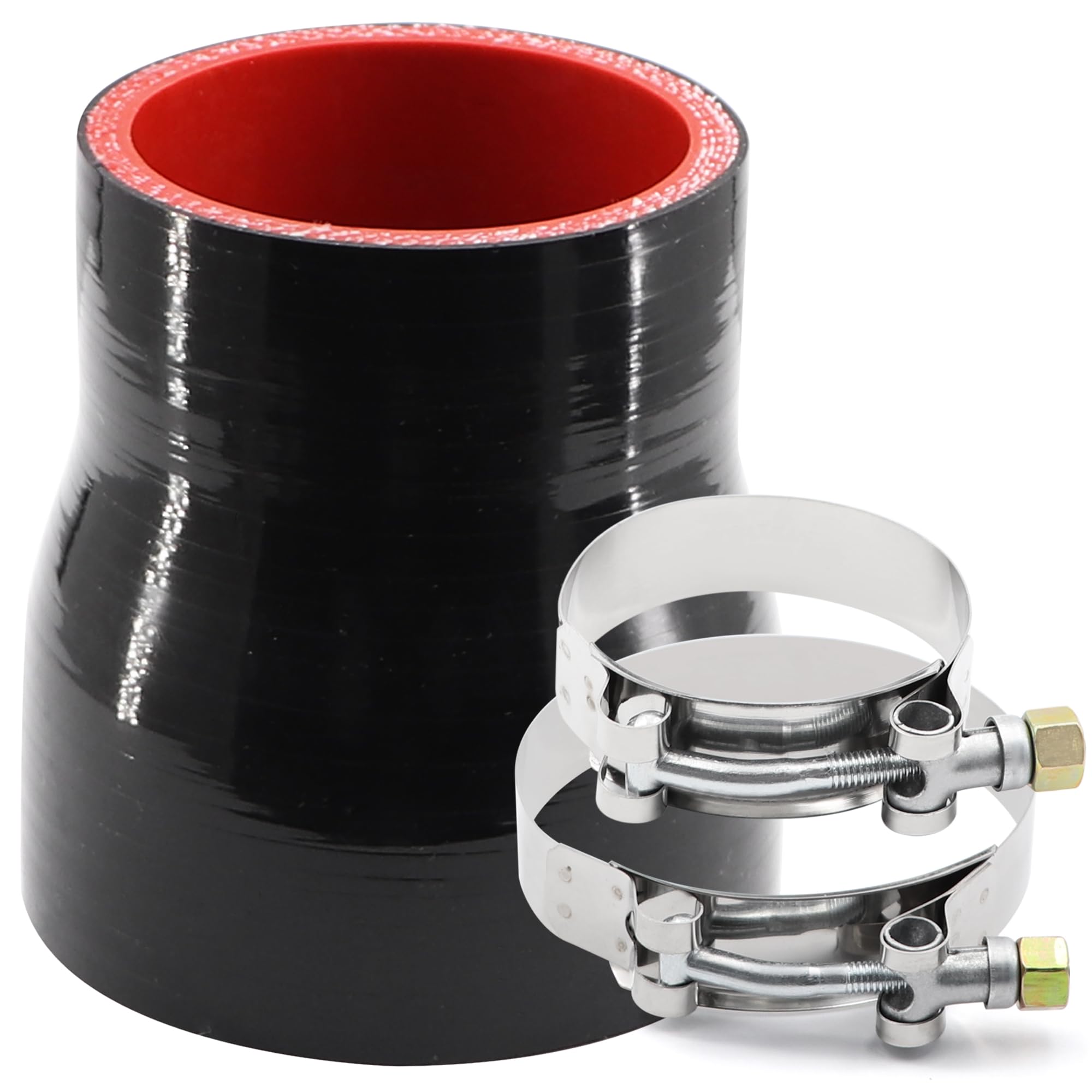 ID 2 to 2-1/2 inches Black Silicone Reducer Coupler with 2 T-Bolt Clamps 4 Layers of Polyester Reinforcement Suitable High Level Turbo Pipe