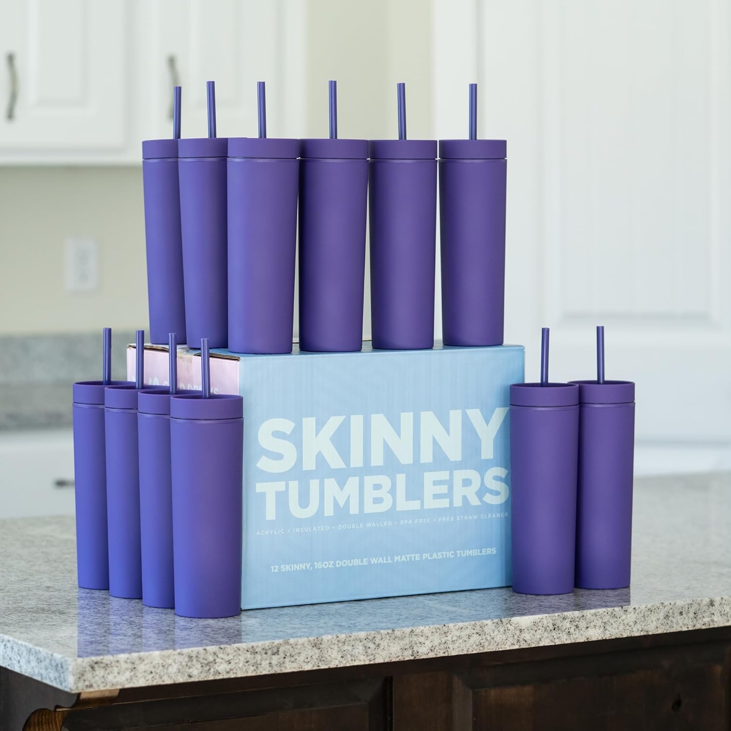 STRATA CUPS Purple Skinny Tumblers with Lids and Straws (12 pack) - 16oz Double Wall Acrylic Tumbler, Tall Matte Skinny Tumblers, Bulk with Free Straw Cleaner, Reusable Cups - Image 6