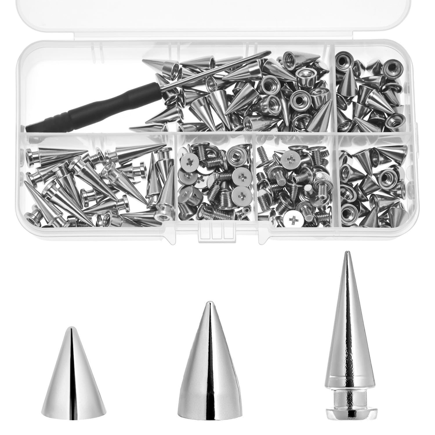 QWORK® 100pcs Metal Cone Spikes Studs Kit with Screwdriver - 3 Sizes 10mm, 13mm, 20mm Silver Spikes for DIY Clothing and Leather Craft Projects
