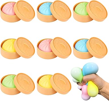 8 Pcs Colorful Dumpling Fidget Toys, Squeeze Dough Ball Stress Relief Hand Toys with Food Steamer Stretchy, Party Favors, Classroom Prizes