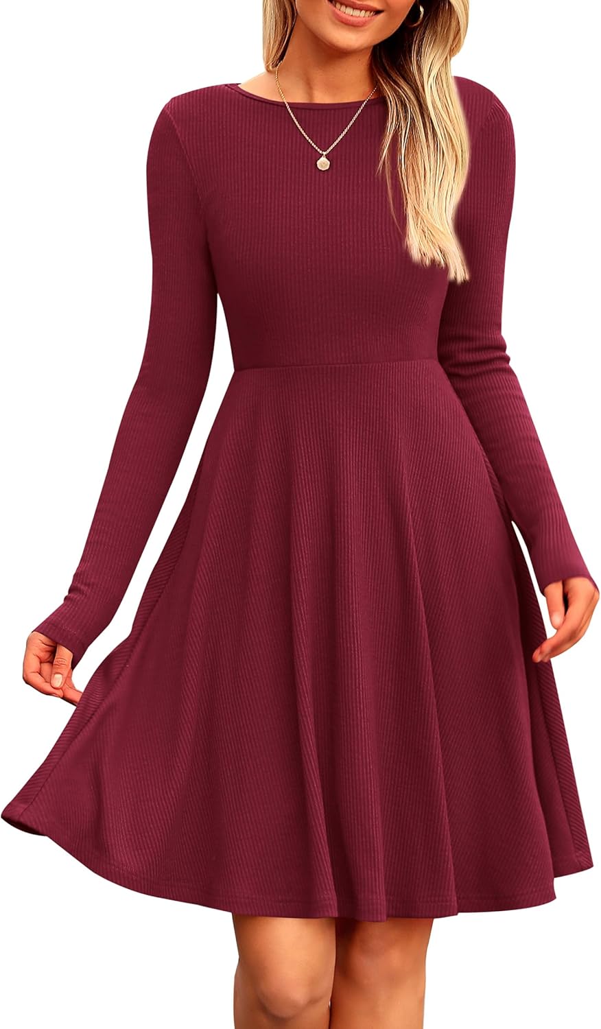 PRETTYGARDEN Women's Fall Short Dress Ribbed Knit Crewneck Long Sleeve A Line Flowy Casual Elegant Going Out Winter Dresses