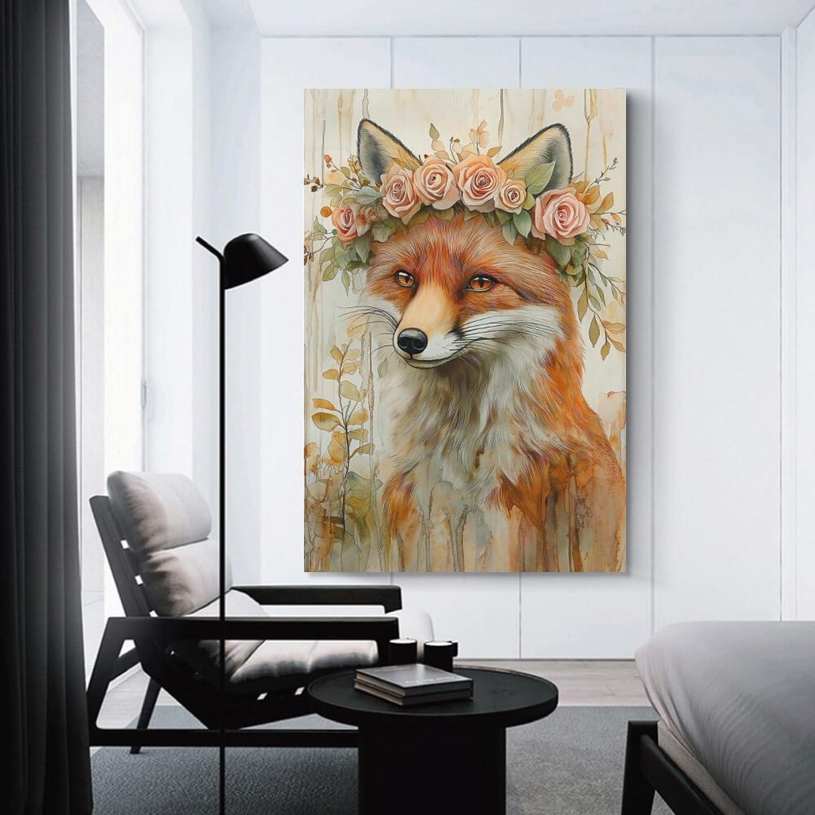 Junmoney Fox with Floral Crown Home Decor Wall Art 16x24inch(40x60cm), for Restful Interiors, Bedrooms Or Small Rooms, Decorative Wall Art for Cosy Rooms