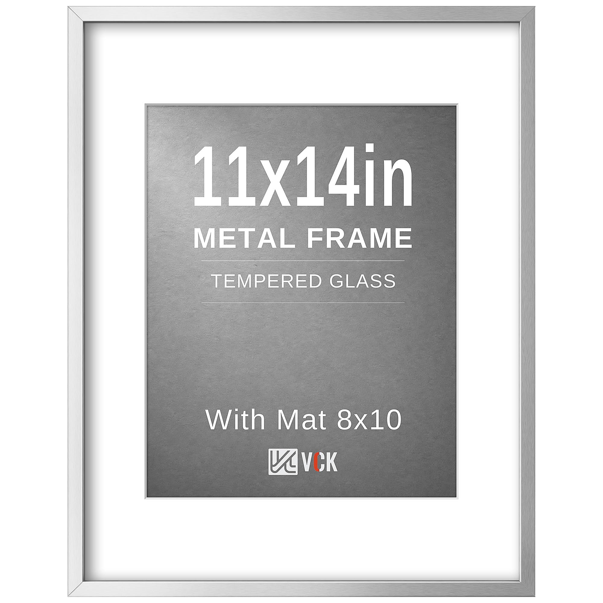 VCK 11x14 Picture Frame Silver Metal, Real Glass, 8x10 Mat, for Print