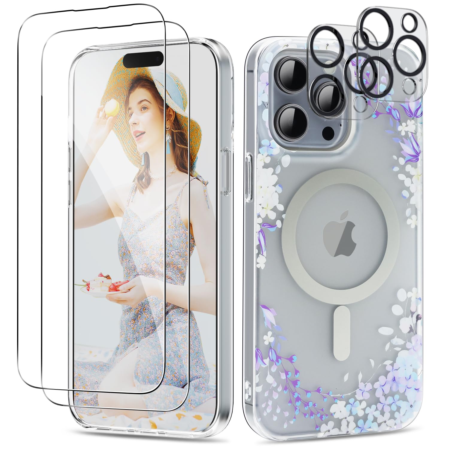 R-fun for iPhone 14 Pro Max case, Compatible with MagSafe, with [2x Screen Protectors + 2x Camera Lens Protectors]，[Anti-Yellowing] Frosted Floral Slim Shockproof Case for 14 Pro Max 6.7 inch -Floral