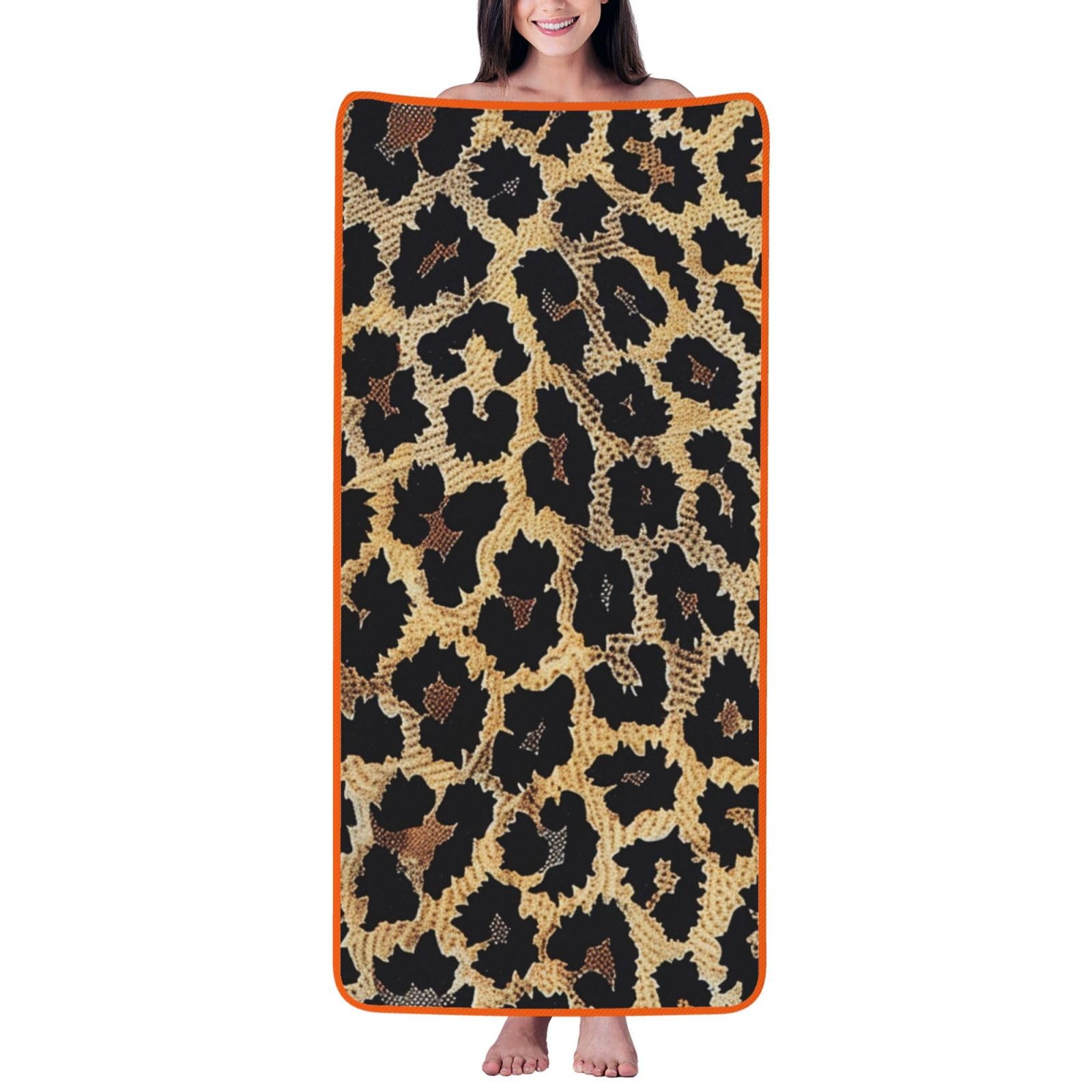 WPKJU Leopard Print Print Printed Bath Towel with Orange Edging - 27x55 in Soft Extra Absorbent Coral Velvet Shower Towels for Bathroom