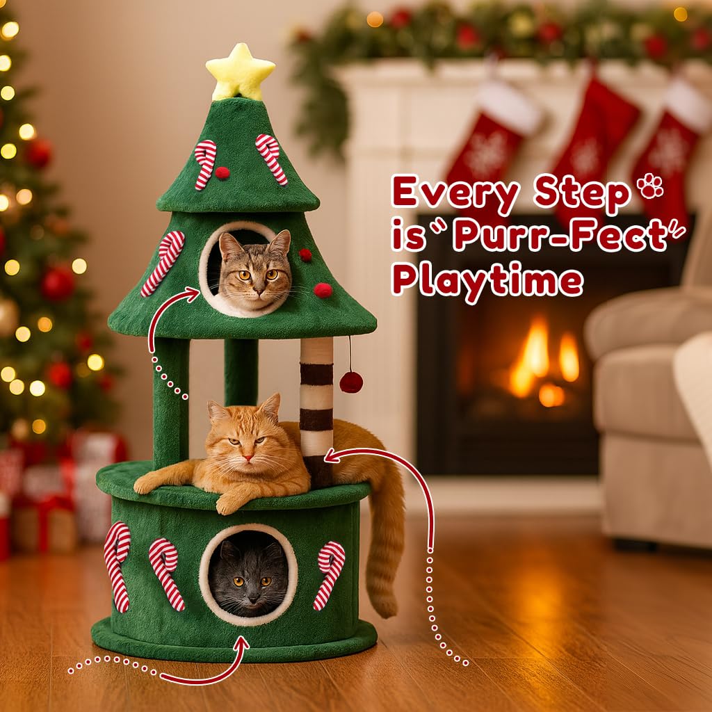 COMHOMA Kratzbaum alto 135 cm design albero di Natale, tiragraffi a più livelli con cuccia per gatti, piattaforme e palline da gioco, albero arrampicata stabile per gatti, verde