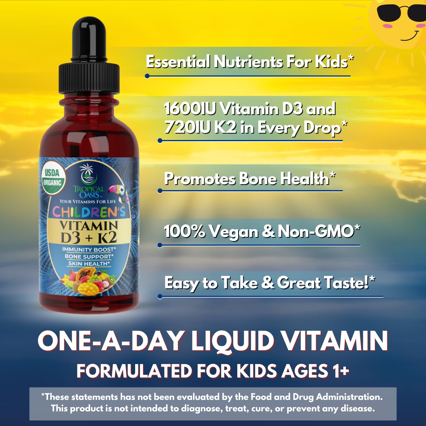 Tropical Oasis USDA Organic Vitamin D3 K2 Liquid Drops | Vitamin D3 K2 Supplement for Kids & Toddlers Ages 1+ | Kids Supplement for Calcium Absorption Strong Bones | Vegan, Non-GMO | 2 Fl Oz — Amazon image 4